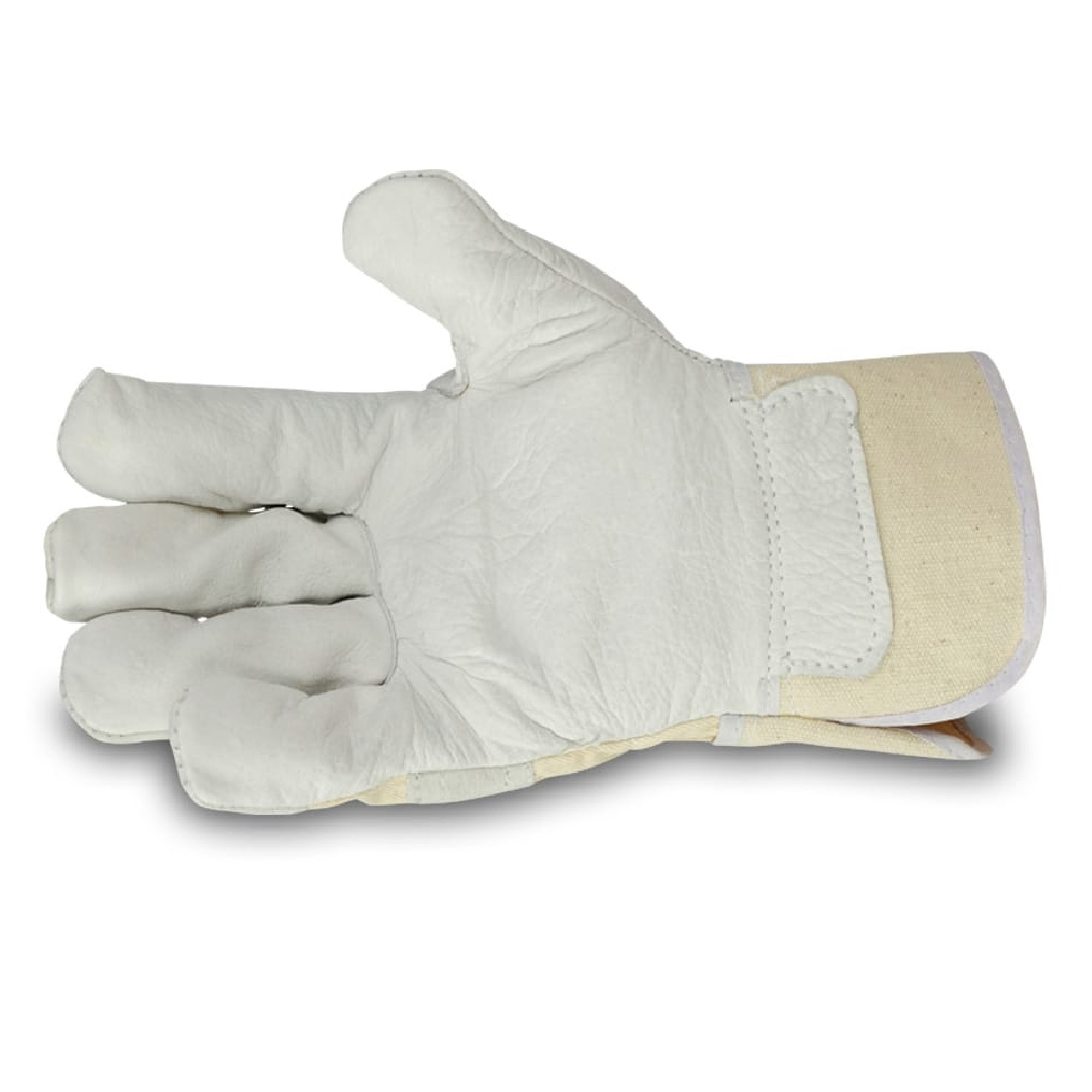 Ein einzelner Arbeitshandschuh aus Leder und Stoff, der zur Nutzung in handwerklichen Tätigkeiten geeignet ist. Der Handschuh ist hellgrau mit einem beigen Stoffteil am Handgelenk.
