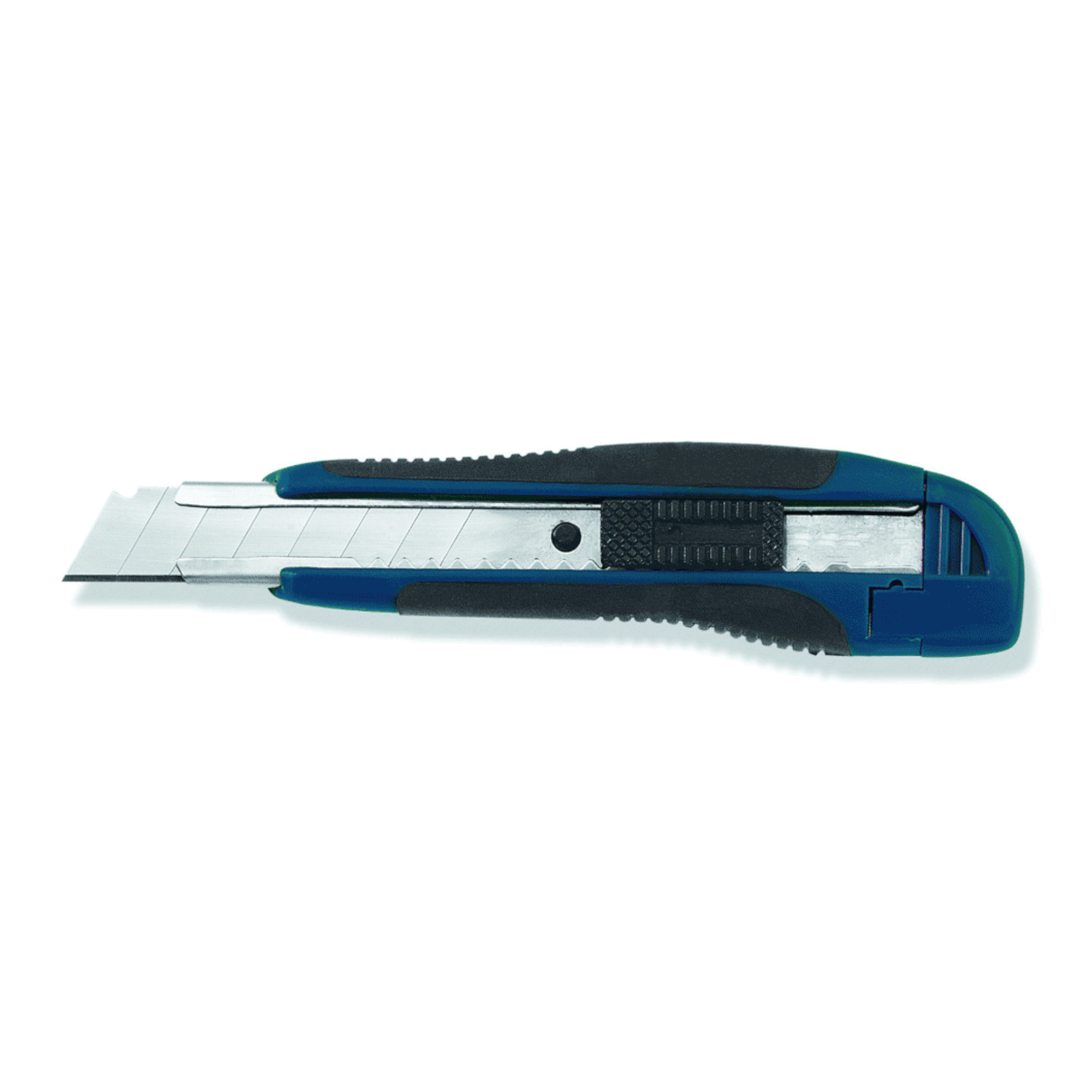 Ein Cutter-Messer mit blauem und schwarzem Griff liegt auf einem weißen Hintergrund. Die Klinge ist teilweise ausgefahren und zeigt die scharfen Kanten. Das Werkzeug ist für das Schneiden von Materialien wie Karton oder Papier geeignet.