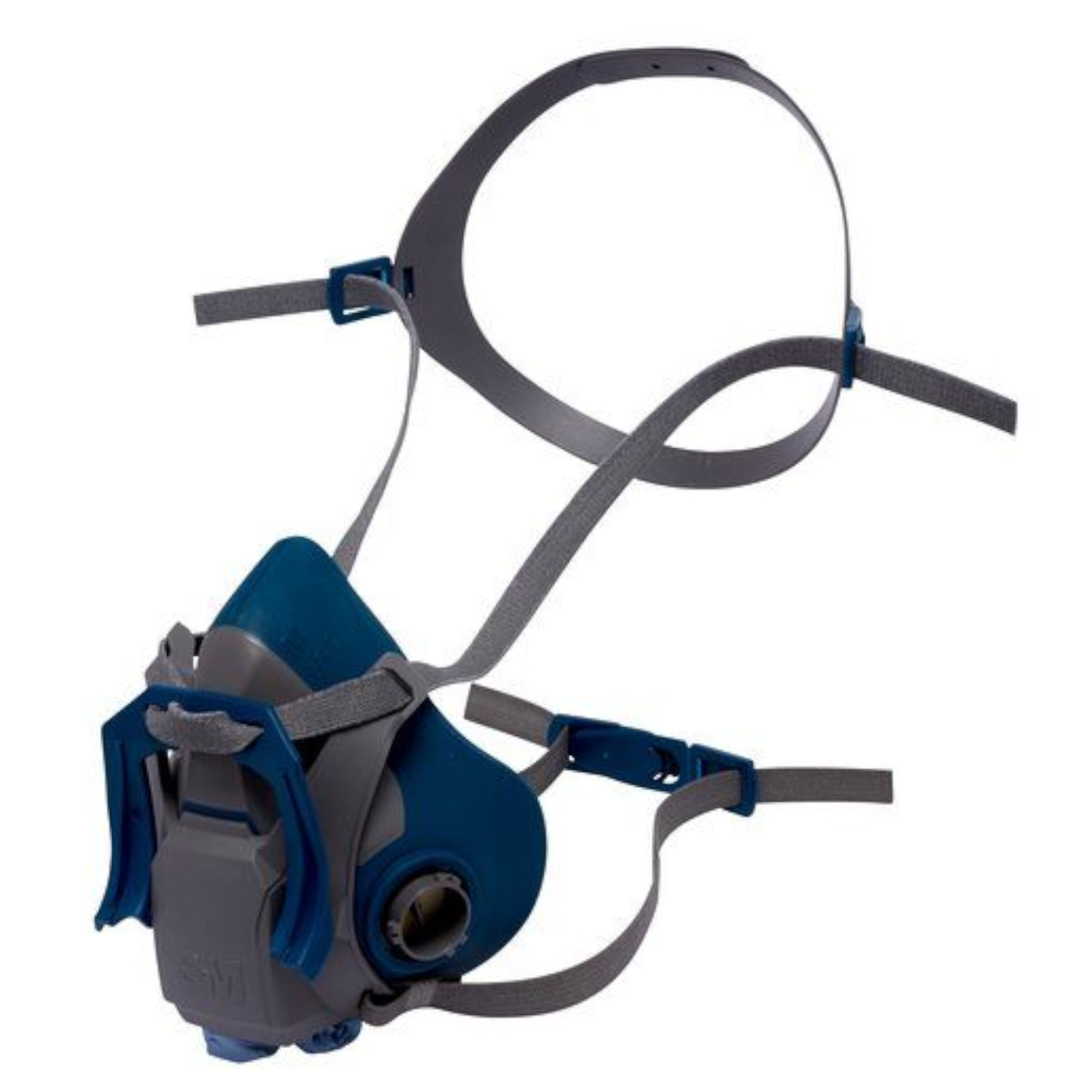 Eine b3M Halbmaske mit Kopfbändern und Filteranschlüssen, grau-blaulaue Atemschutzmaske mit elastischen, grauen Bändern. Die Maske hat eine schützende Form und ist mit einer Anschlussstelle für Filter ausgestattet. Sie ist für den Schutz vor schädlichen Partikeln in der Luft konzipiert.