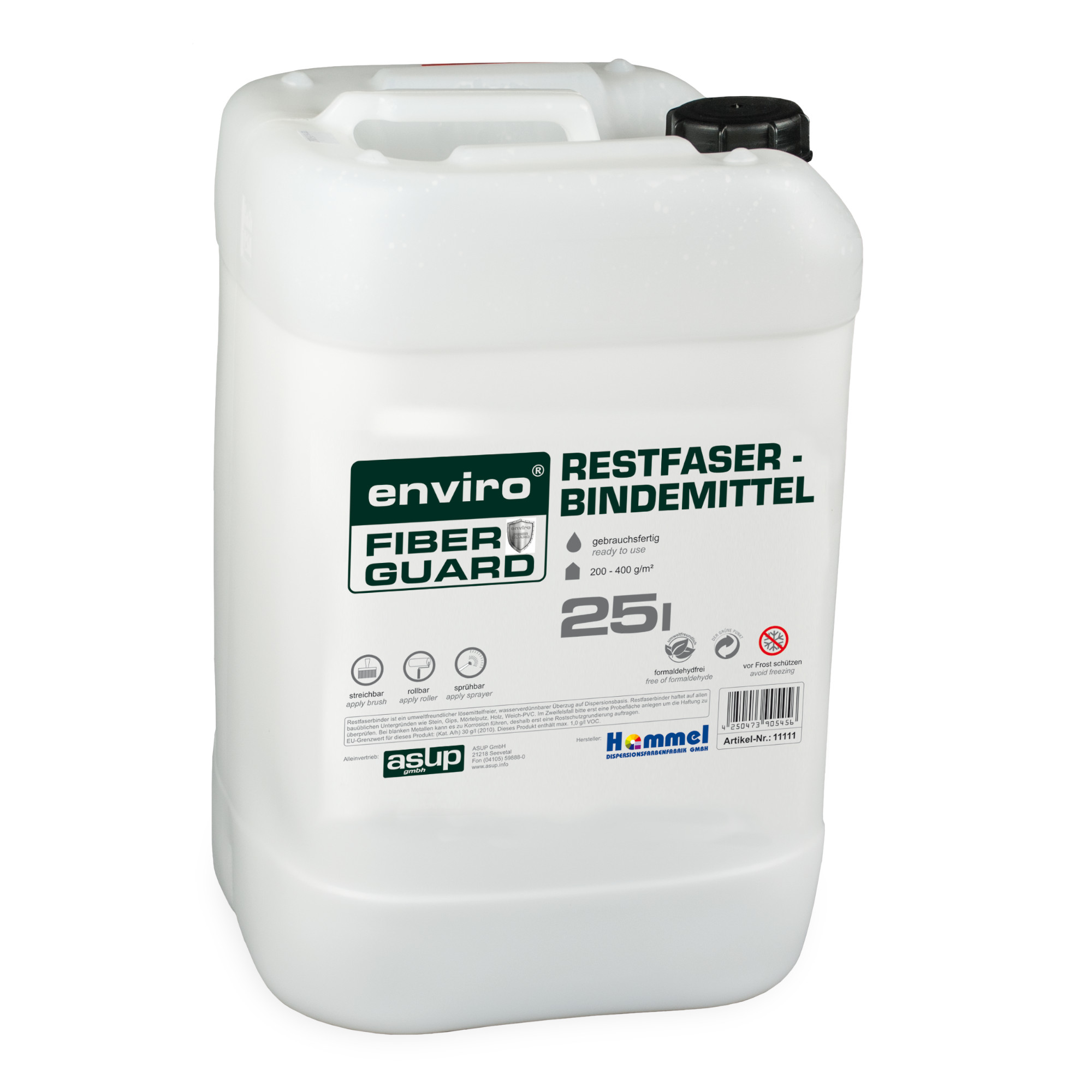 Weißer 25-Liter-Kanister „enviro FIBER GUARD Restfaser-Bindemittel“ mit Anwendungshinweisen auf dem Etikett