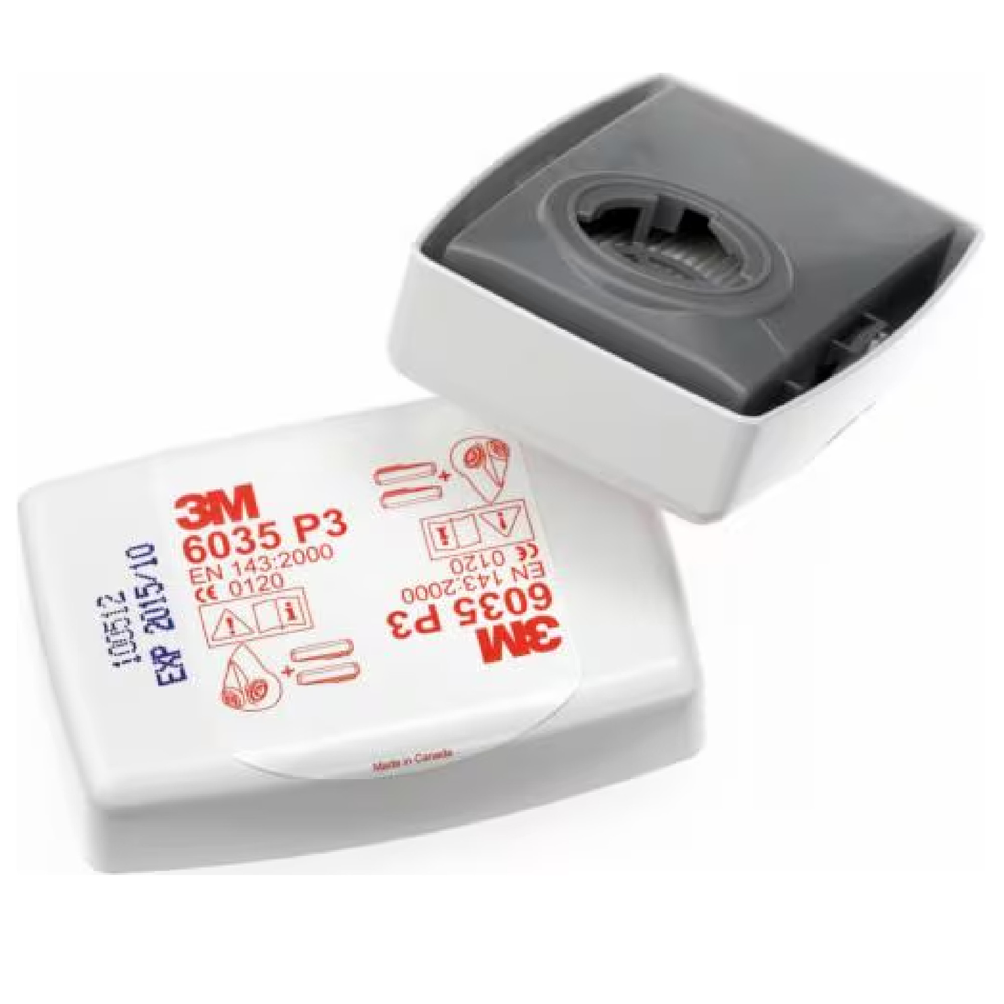 Zwei Partikelfilter 3M 6035 P3 in Weiß und Grau, Vorder- und Rückseite