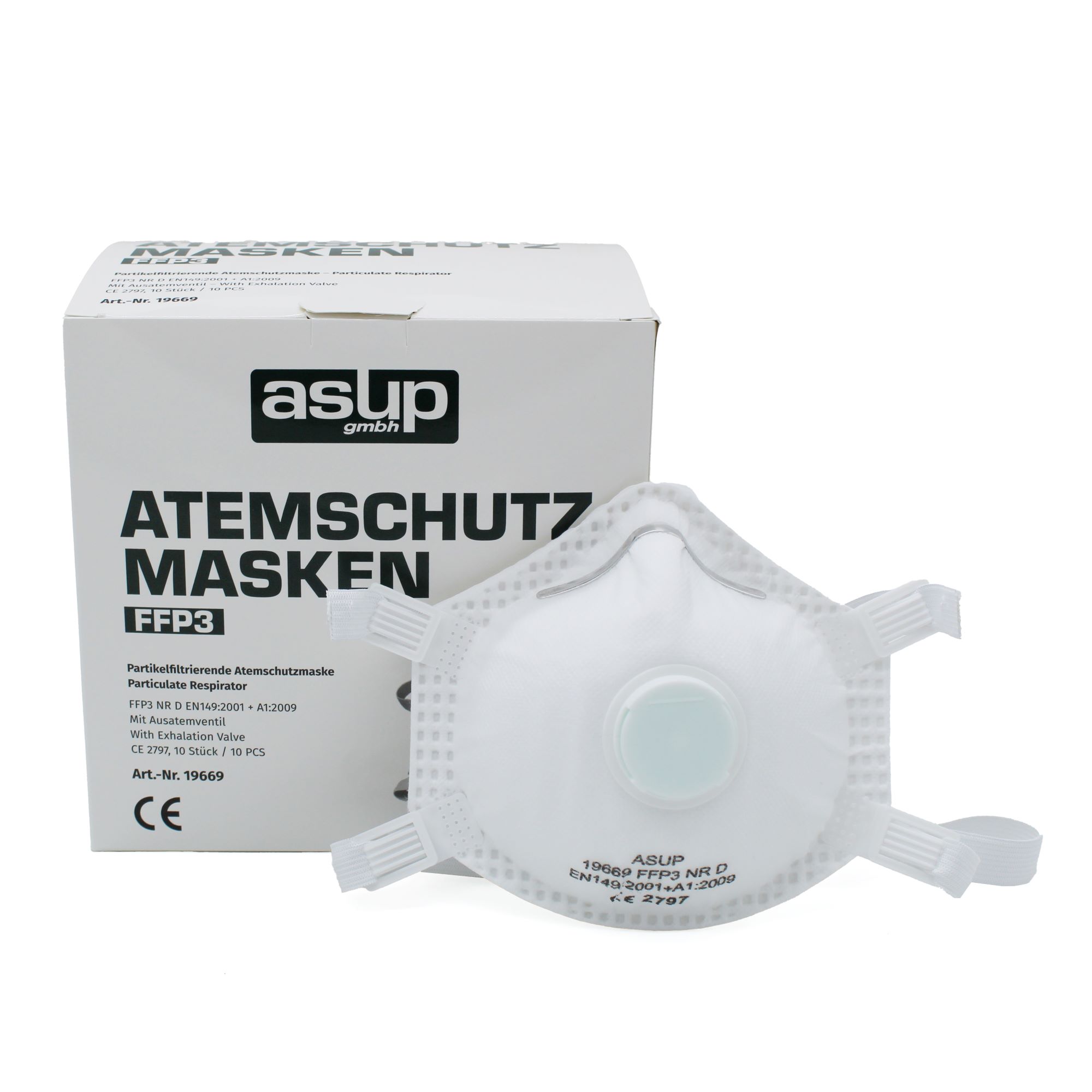 Weiße FFP3-Atemschutzmaske mit Ausatemventil von ASUP, daneben Verpackungskarton