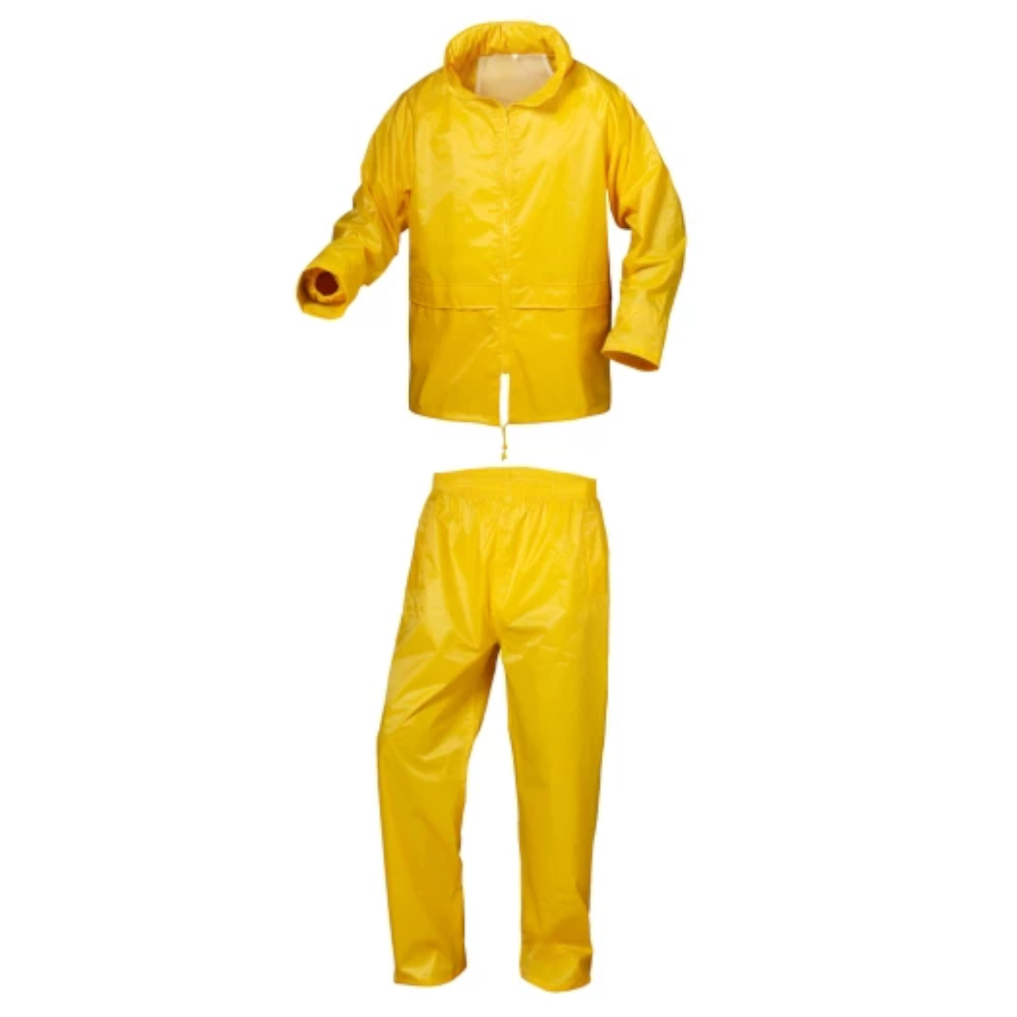 Bildbeschreibung: Wasserdichter, gelber Regenanzug bestehend aus einer Jacke mit Kapuze und einer passenden Hose. Die Jacke hat einen kurzen Schnitt und elastische Bündchen, während die Hose einen Gummizug hat. Ideal für nasse Wetterbedingungen.