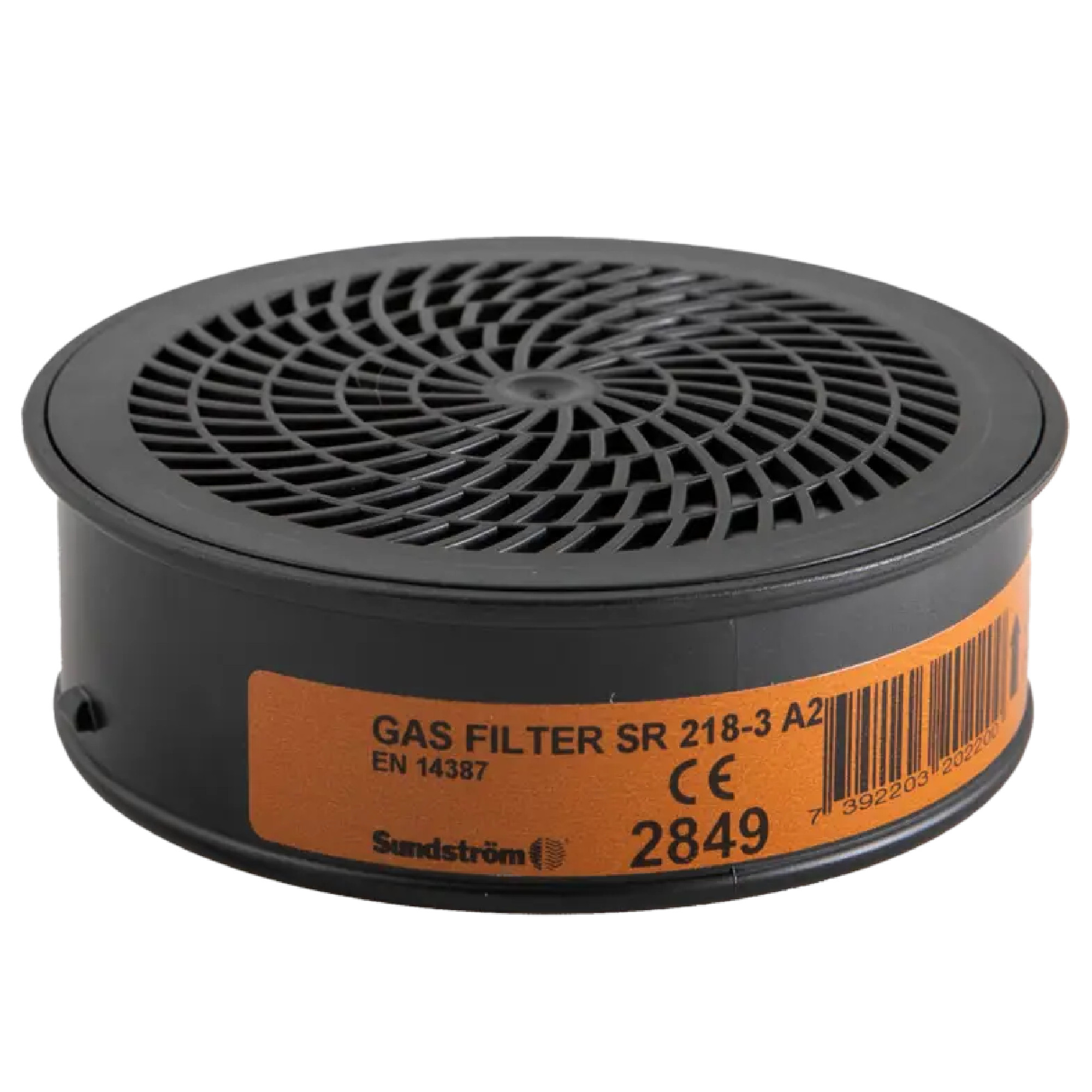 Ein runder Gasfilter mit einem schwarzen Gehäuse und einer oberen Spiralmusterung. Auf der Seite befindet sich ein orangefarbenes Etikett mit der Aufschrift „GAS FILTER SR 218-3 A2“ sowie CE-Kennzeichnung und einer Barcode-Nummer.