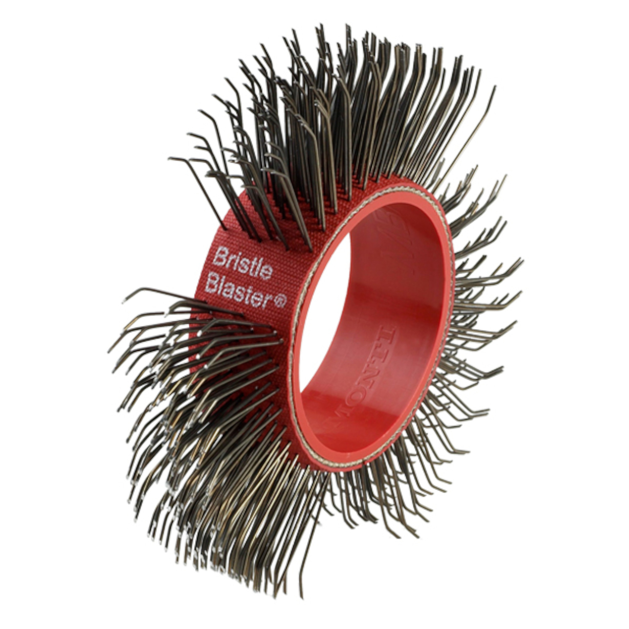 Das Bild zeigt eine spezielle Reinigungsbürste, die in Form eines Rings gestaltet ist. Die Bürste hat viele sich abhebende Borsten und eine rote Halterung. Sie wird verwendet, um Oberflächen oder Geräte gründlich zu reinigen.