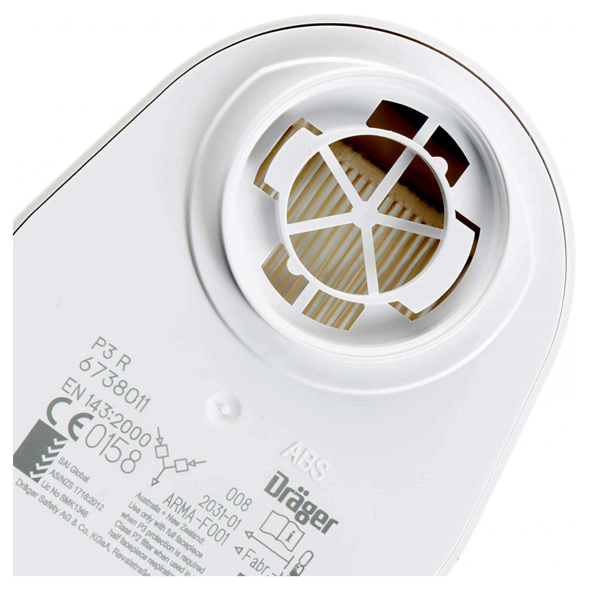 Dräger Partikelfilter P3 R, weiß, Nahaufnahme mit sichtbarem Filtermedium