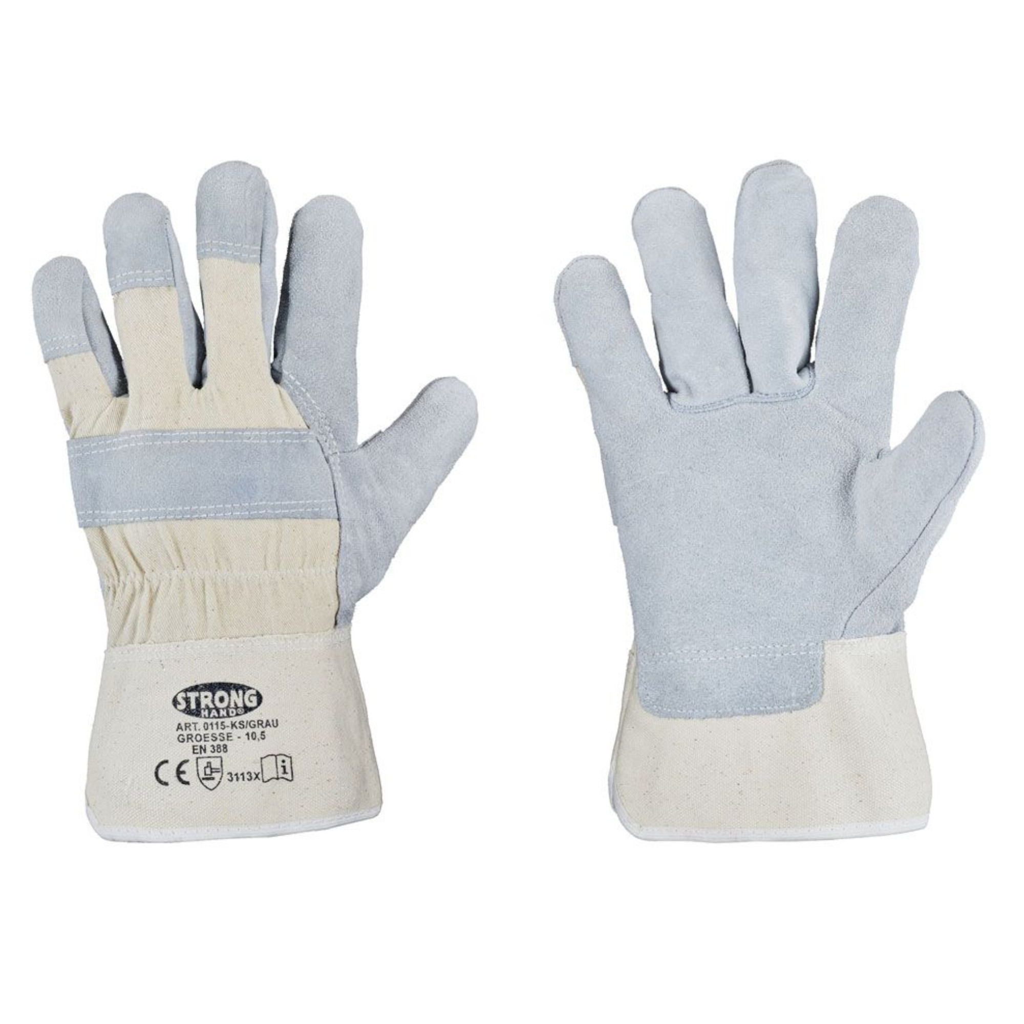 Zwei graue Arbeitshandschuhe sind nebeneinander abgebildet. Die Handschuhe bestehen aus weichem Wildleder und haben ein genähtes, beige Unterteil. Sie sind für den Schutz der Hände bei handwerklichen Tätigkeiten konzipiert.