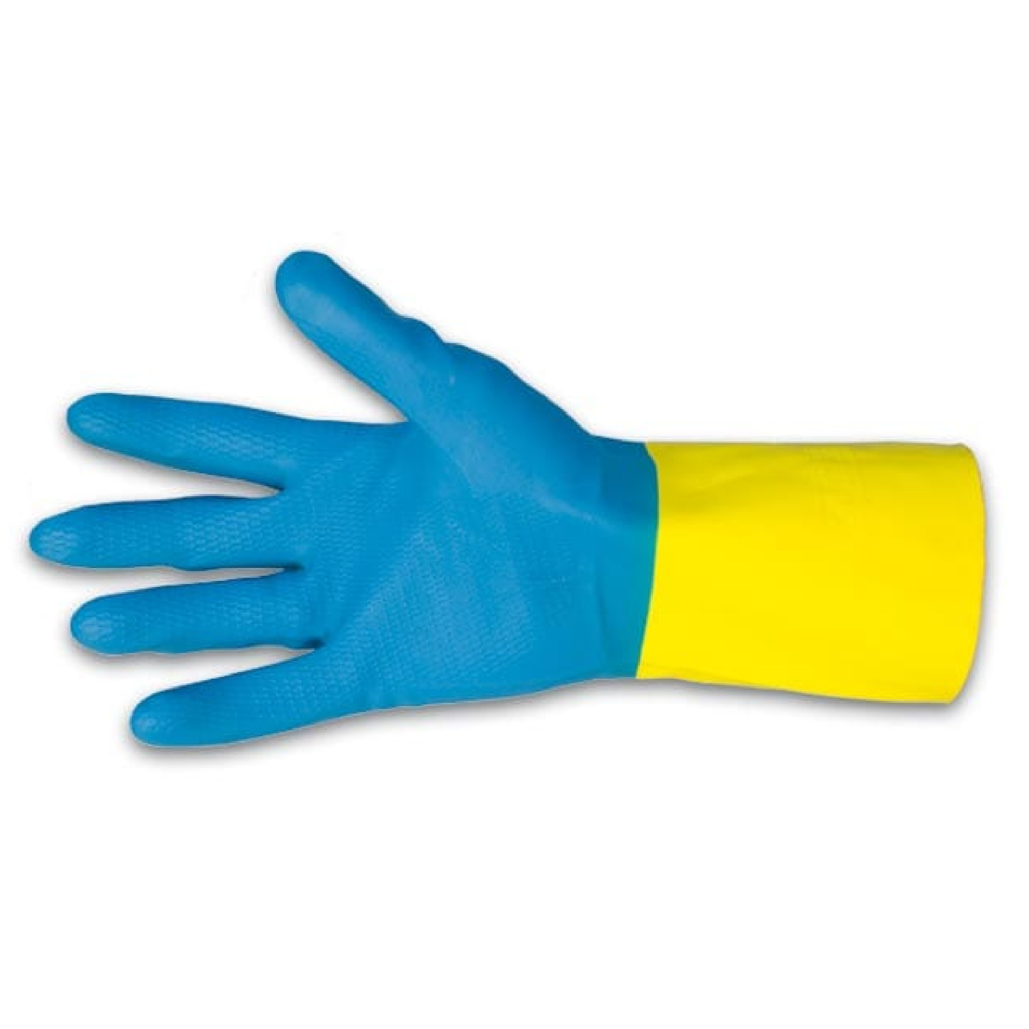 Ein blauer Gummihandschuh mit einem gelben oberen Teil ist abgebildet. Der Handschuh ist ausgezogen und zeigt eine offene Handfläche mit gespreizten Fingern. Die Struktur des Materials ist erkennbar, was auf eine rutschfeste Oberfläche hinweist.