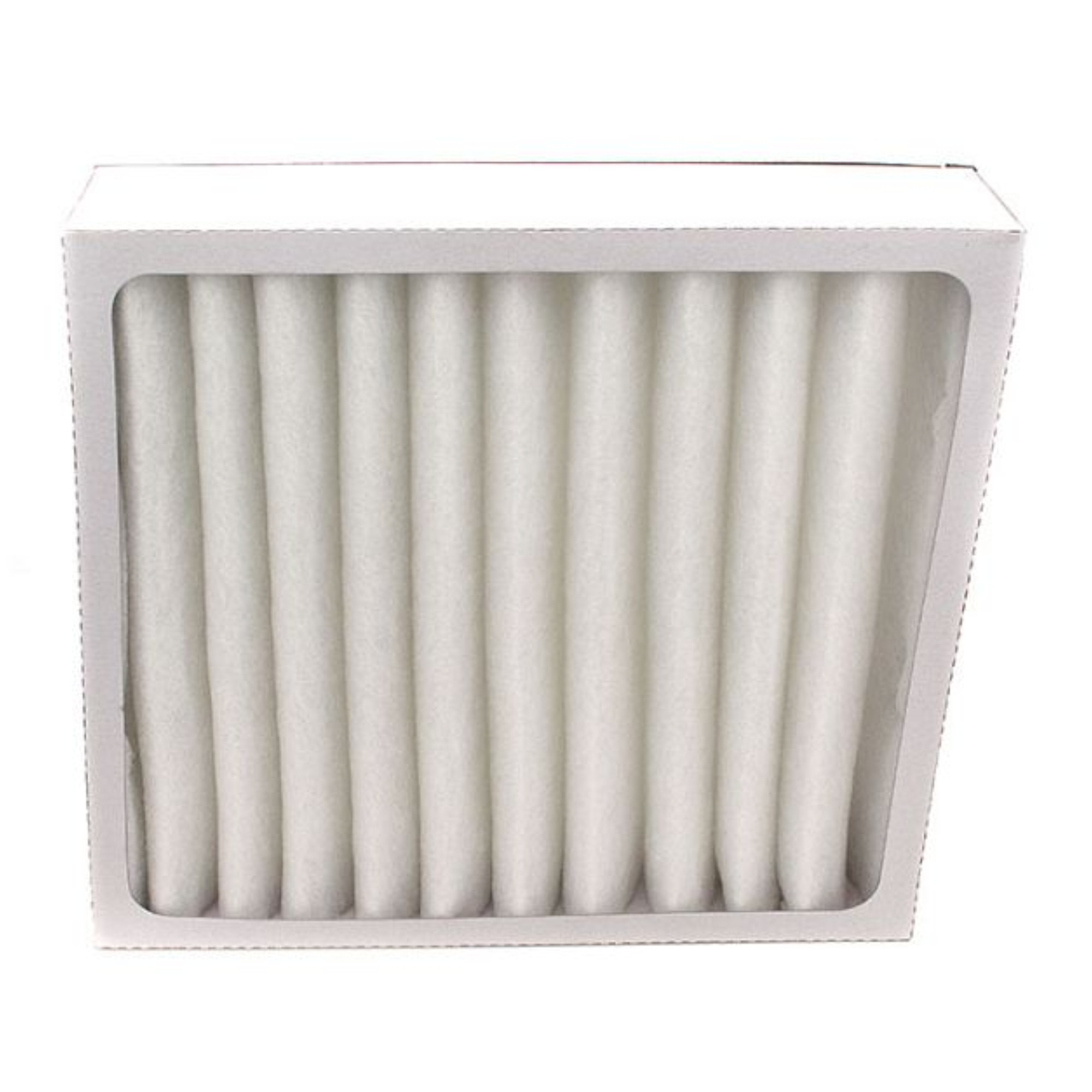 Ein Luftfilter in rechteckiger Form mit einem weißen Rahmen, der gefaltete Filtermaterialien enthält. Die Falten sind gleichmäßig angeordnet und sorgen für eine effektive Luftreinigung. Der Filter eignet sich für den Einsatz in Klimaanlagen oder Lüftungssystemen.