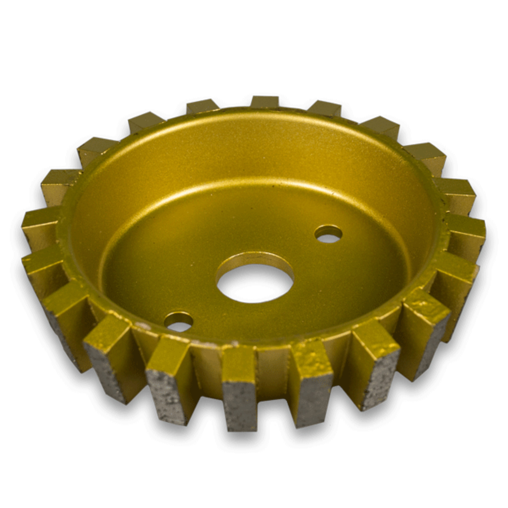 Eine goldene Zahnradfüllung mit gezacktem Rand und einem mittigen Loch. Die Zähne sind abwechselnd in flachen und ausgeprägten Formationen angeordnet, wodurch das Teil robust und funktional erscheint.