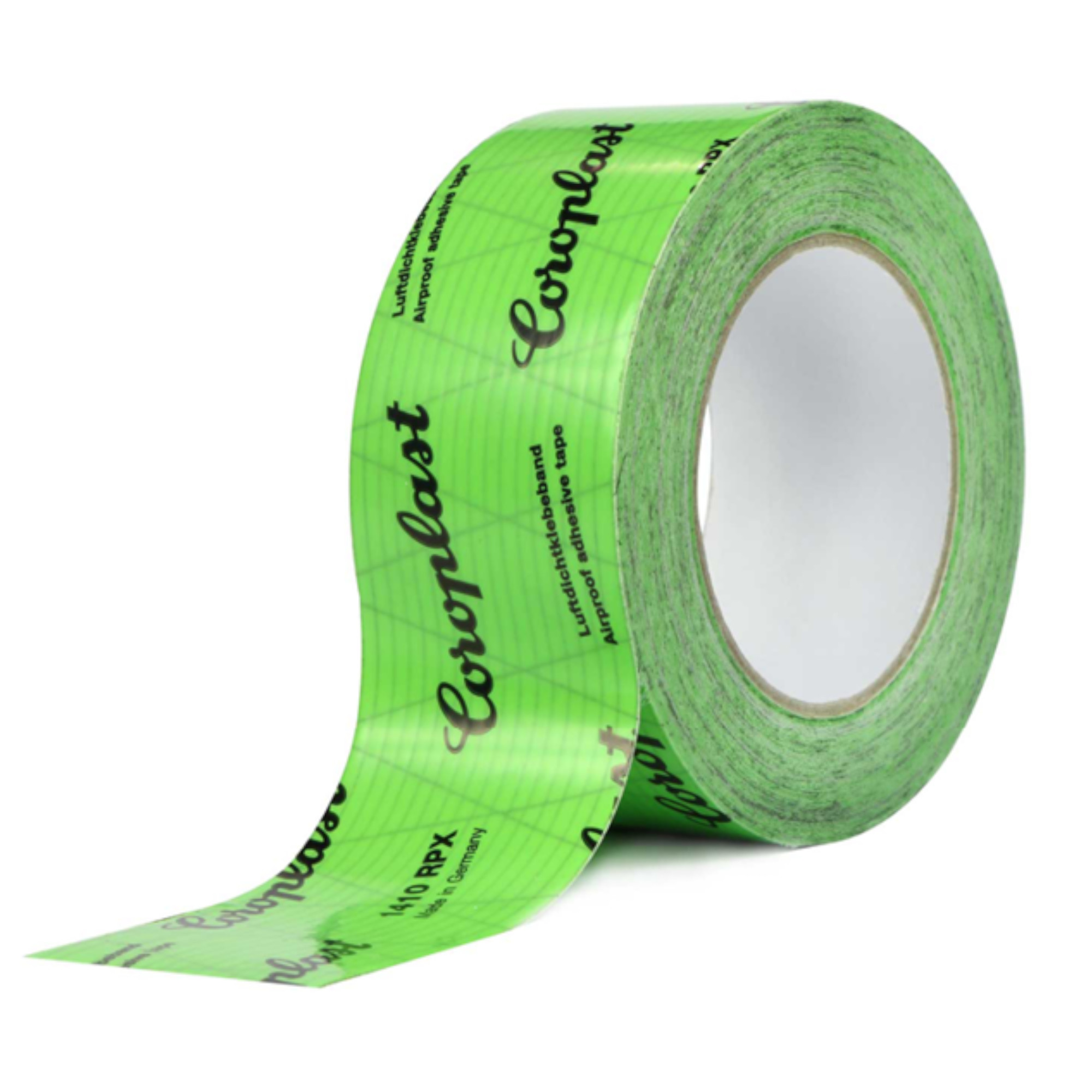 Ein Rollenband in leuchtendem Grün mit der Aufschrift „Coroplast“. Es handelt sich um ein wasserdichtes, selbstklebendes Tape, das für verschiedene Anwendungen geeignet ist. Der Kern des Bandes ist rotierend und zeigt eine abgerollte Spitzenkante.