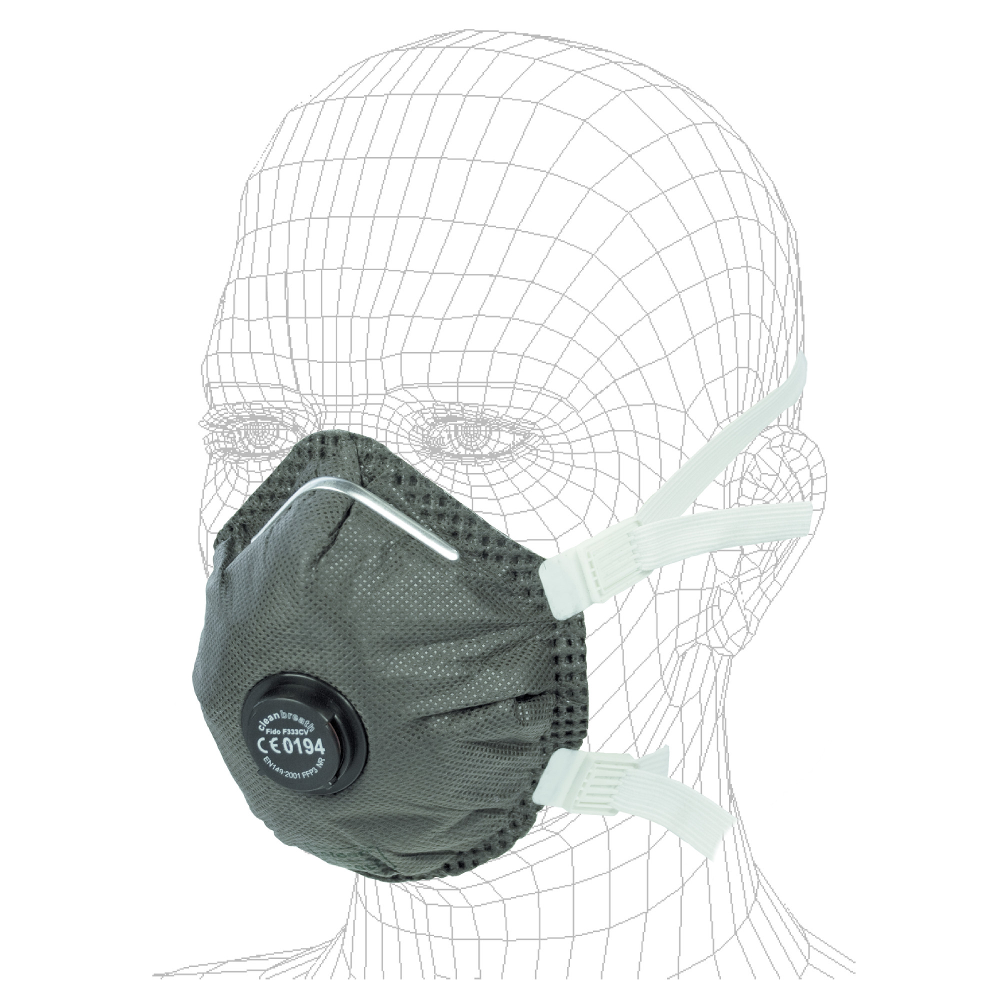 Faltbare Atemschutzmaske in Schwarz mit Ausatemventil. Sie ist mit elastischen Bändern zur sicheren Befestigung am Kopf ausgestattet. Die Maske dient dem Schutz vor Partikeln in der Luft und ist für den Einsatz in verschiedenen Umgebungen geeignet.