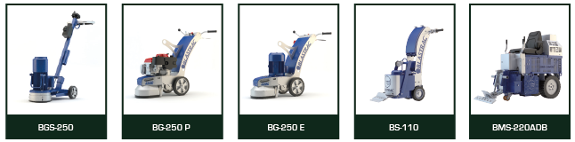 Die Abbildung zeigt fünf verschiedene Maschinen zur Bodenbearbeitung. Jede Maschine hat ein einzigartiges Design und dient verschiedenen Anwendungen. Die Modelle sind: BGS-250, BG250 P, BG250 E, BS-110 und BMS-220ADB, jeweils mit einer Kombination aus Motor und Fahrgestell.