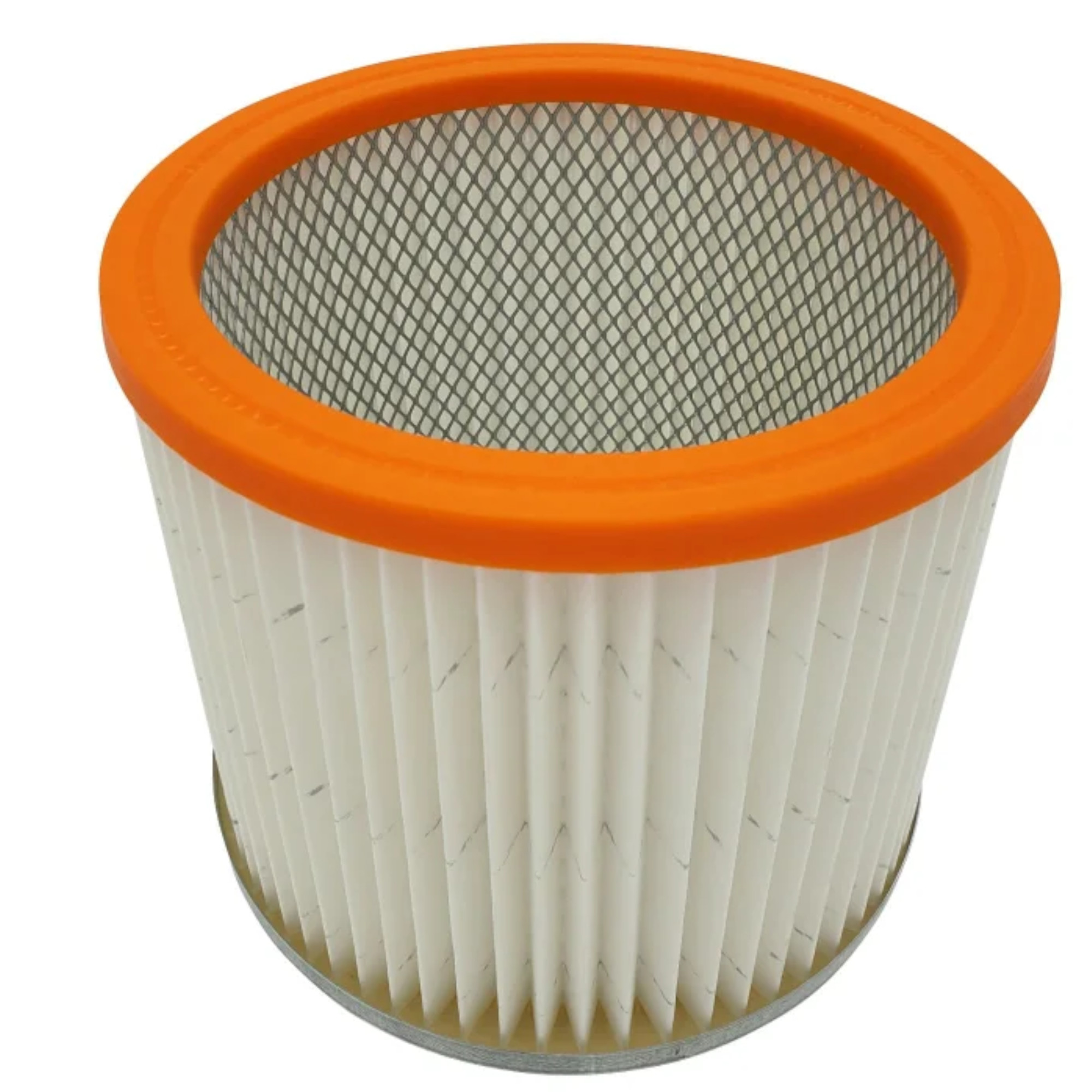 Ein runder Luftfilter mit einer orangefarbenen Gummidichtung oben und einem metalldrahtversteiften Boden. Der Filter hat zahlreiche vertikale Falten aus weißem Material, die eine effektive Filtration von Luft ermöglichen. Er ist für den Einsatz in Maschinen oder Fahrzeugen konzipiert.