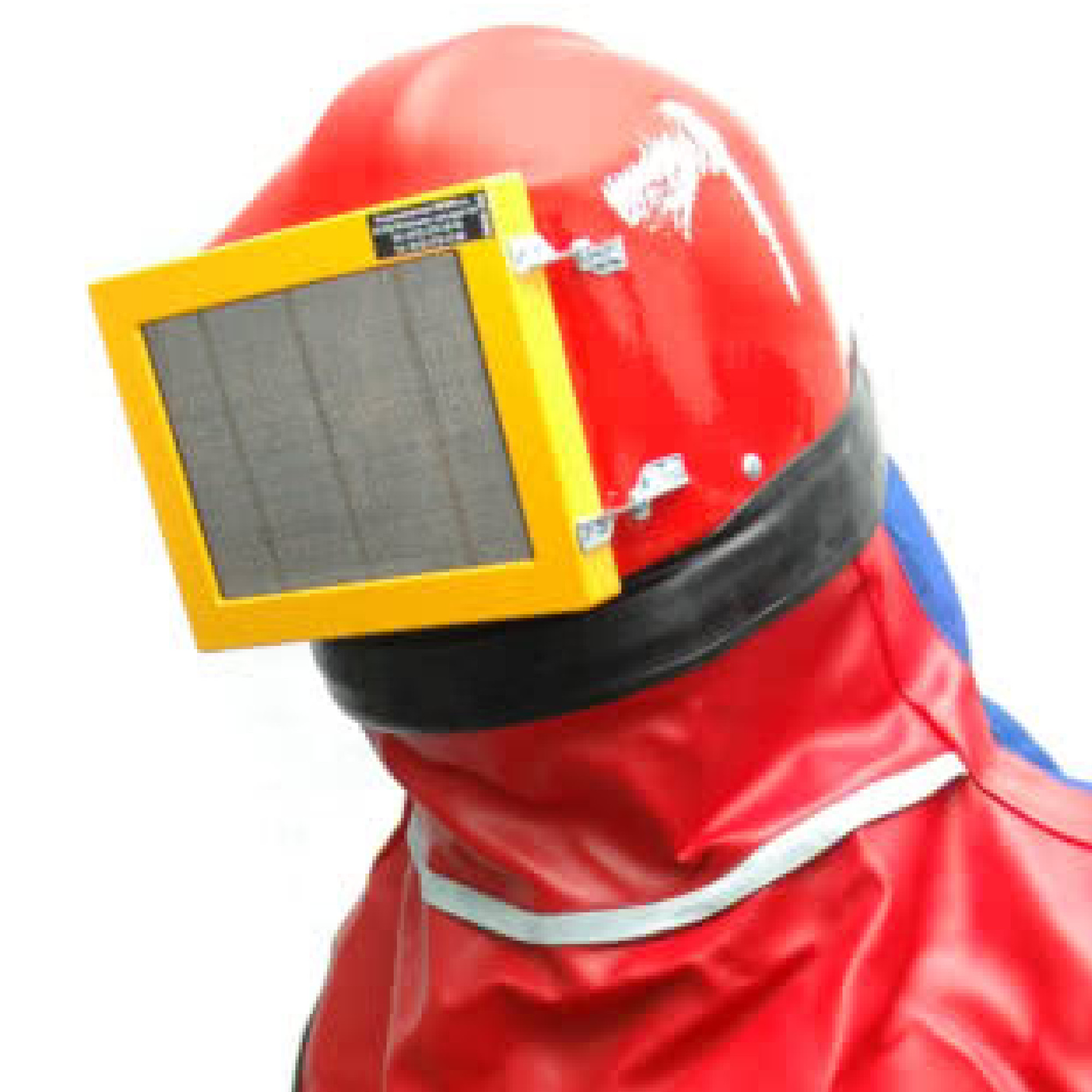 Ein Schutzanzug in Rot und Blau mit einer gelben Gesichtsschutzhaube. Die Haube hat ein Maschenfiltergitter. Dieser Anzug könnte im Gefahrenschutz oder bei speziellen Arbeiten eingesetzt werden, um den Träger vor schädlichen Stoffen zu schützen.