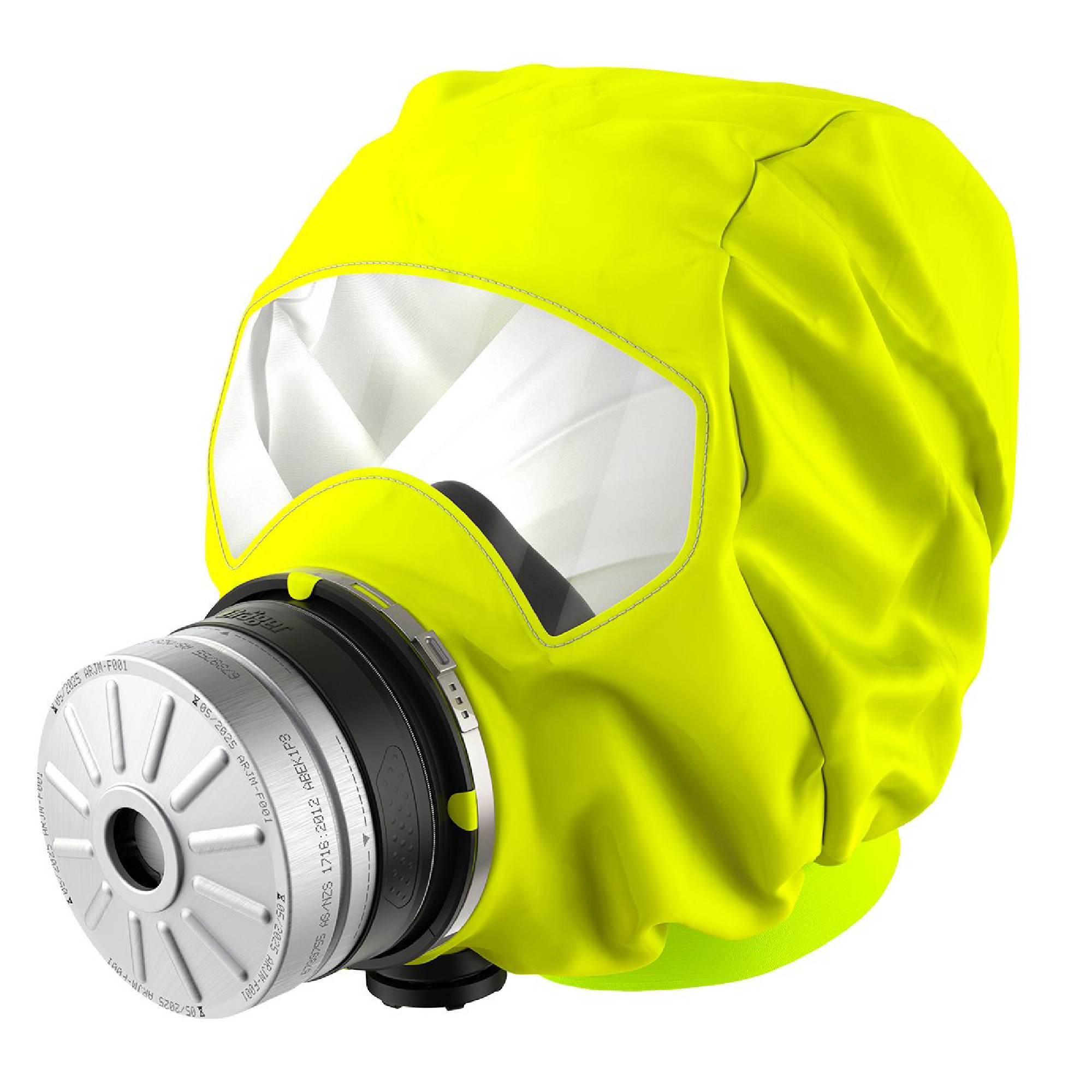 Ein gelber Schutzhelm mit einer integrierten Atemmaske. Die Maske hat durchsichtige Sichtfenster und einen runden Filter an der Vorderseite. Sie dient dem Schutz vor gefährlichen Substanzen in der Luft.