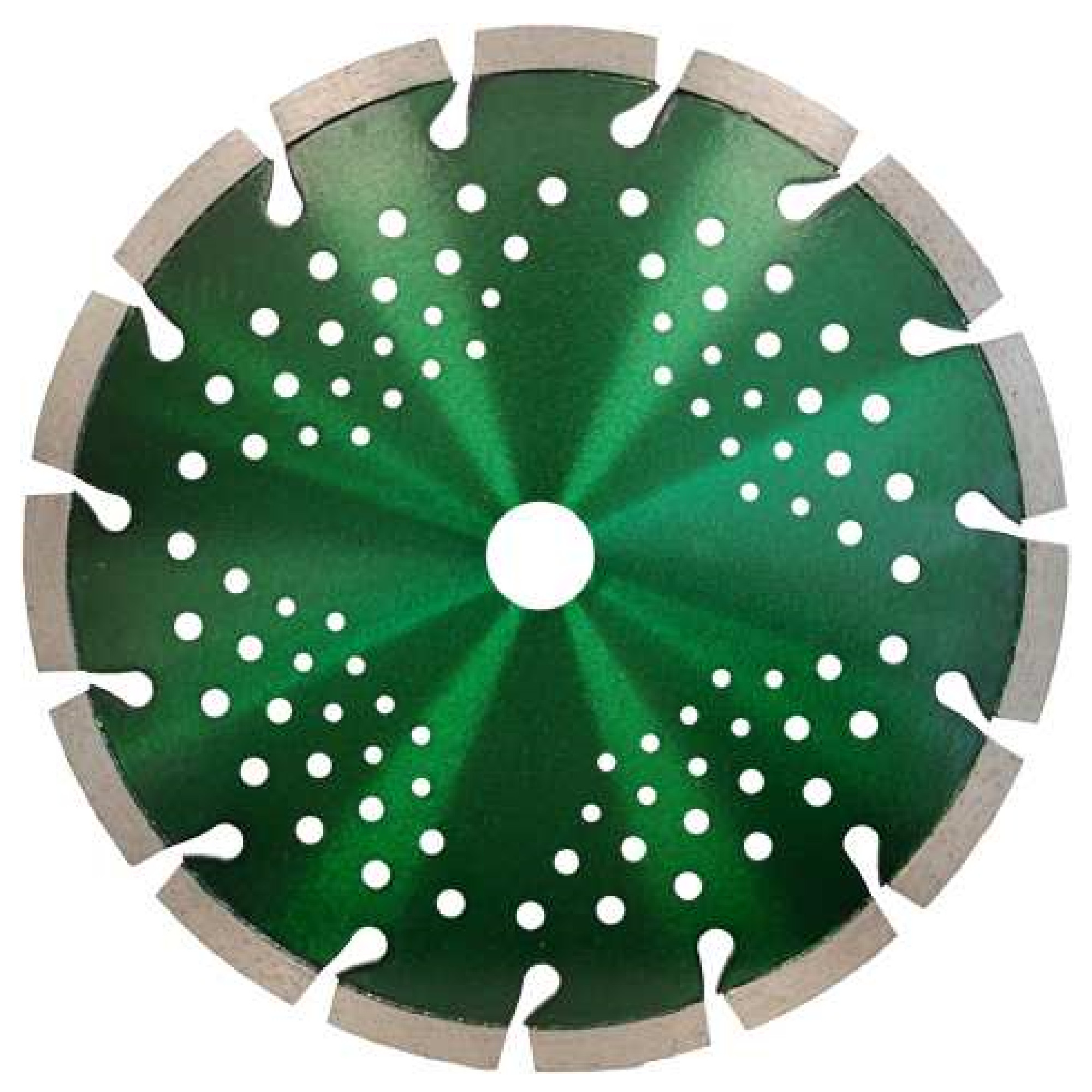 Eine grüne Diamanttrennscheibe mit einer zentralen Bohrung und mehreren Schneidkanten. Die Oberfläche weist kleine Löcher auf, die für Kühlung und Staubabsaugung während des Schneidens sorgen. Sie ist speziell für das Schneiden von harten Materialien konzipiert.