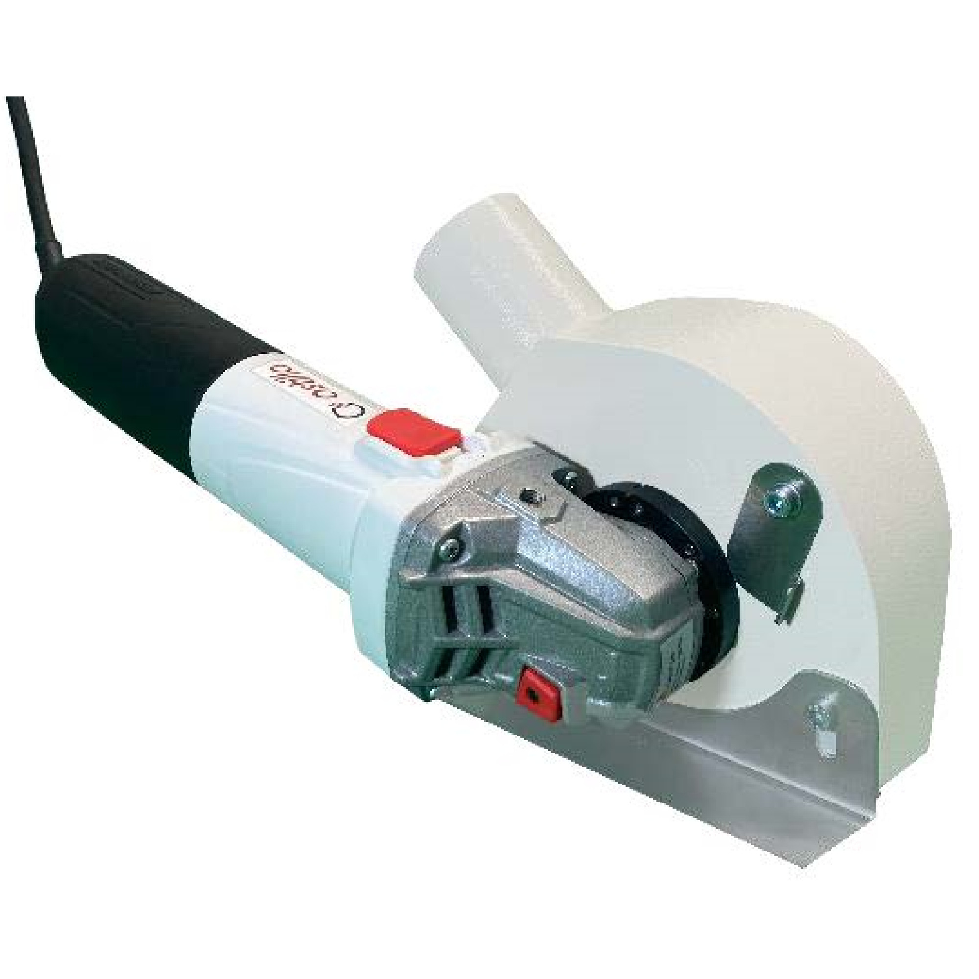 Das Bild zeigt eine elektrische Handfräse mit einem schwarzen Griff und einem weißen Gehäuse. Die Maschine hat eine runde Fräse an der Vorderseite und einen Schalter zur Steuerung. Sie wird typischerweise für präzises Schneiden und Bearbeiten von Materialien verwendet.
