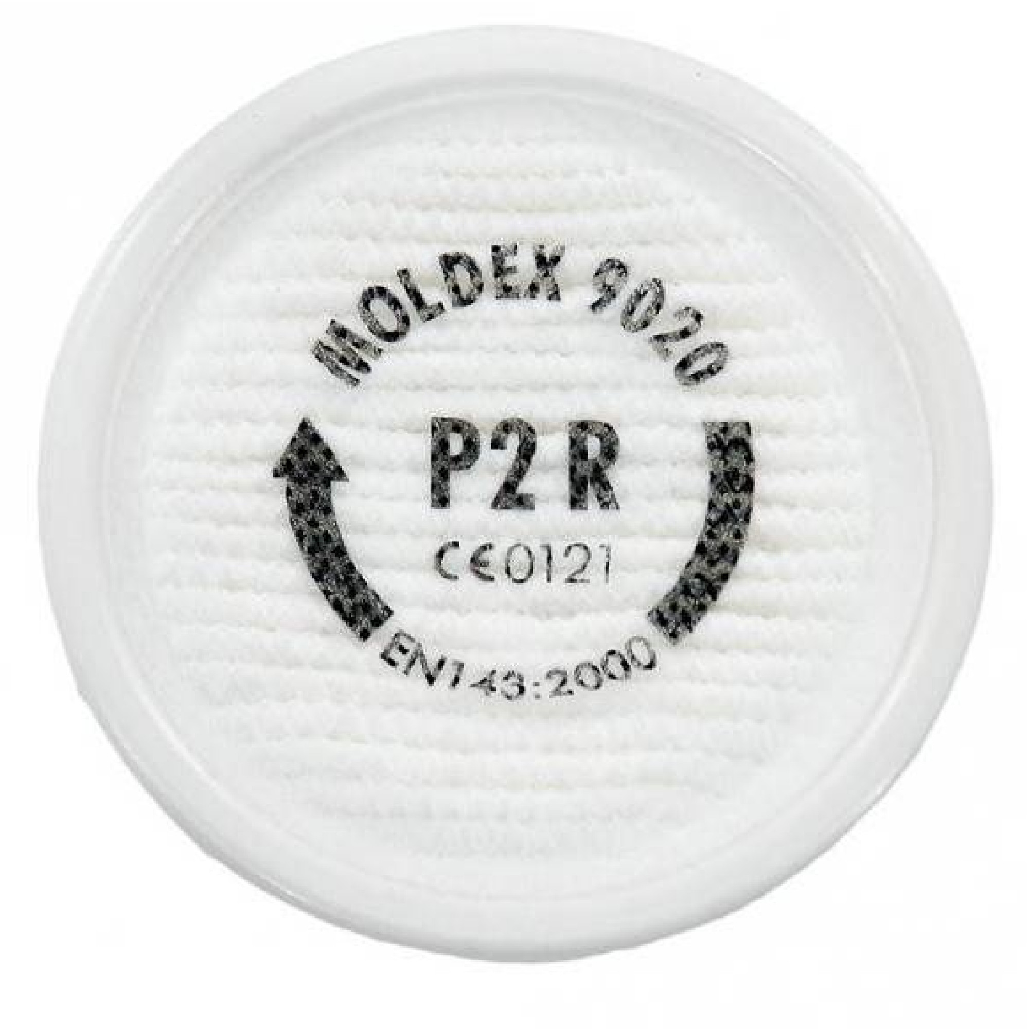 Das Bild zeigt einen weißen Atemschutzfilter mit der Aufschrift "Moldex 9020 P2R". Rund um die Mitte sind Pfeile und Sicherheitsklasseninformationen wie "CE0121" und "EN143:2000" abgebildet. Der Filter dient zum Schutz vor bestimmten Partikeln in der Luft.