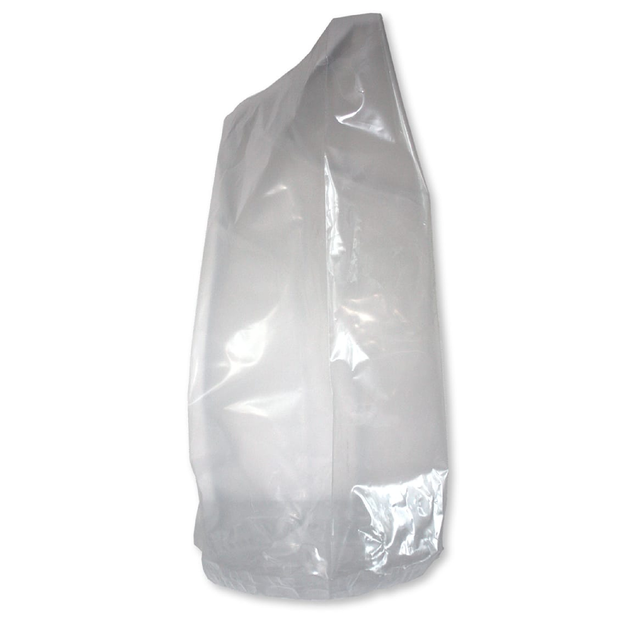 Eine transparente, plastische Tüte steht aufrecht. Die Tüte ist aus leichtem, durchsichtigem Material und hat eine glatte Oberfläche. Sie zeigt keine sichtbaren Inhalte und ist in einer minimalistischen Form gestaltet.