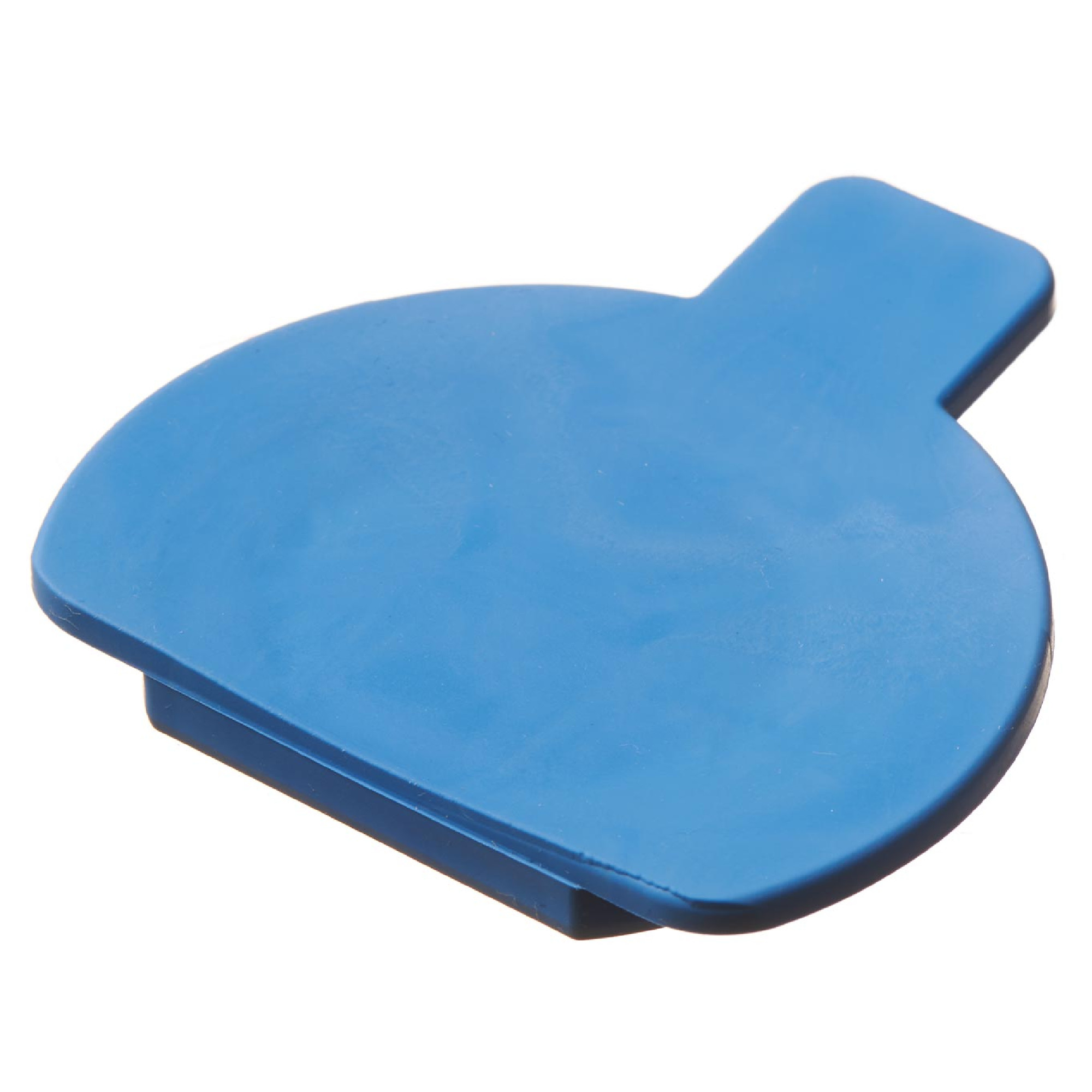 Ein blauer, flacher Kunststoffgegenstand mit einer runden Form und einem kleinen Griff. Der Gegenstand hat eine glatte Oberfläche und könnte als Deckel oder Abdeckung verwendet werden.