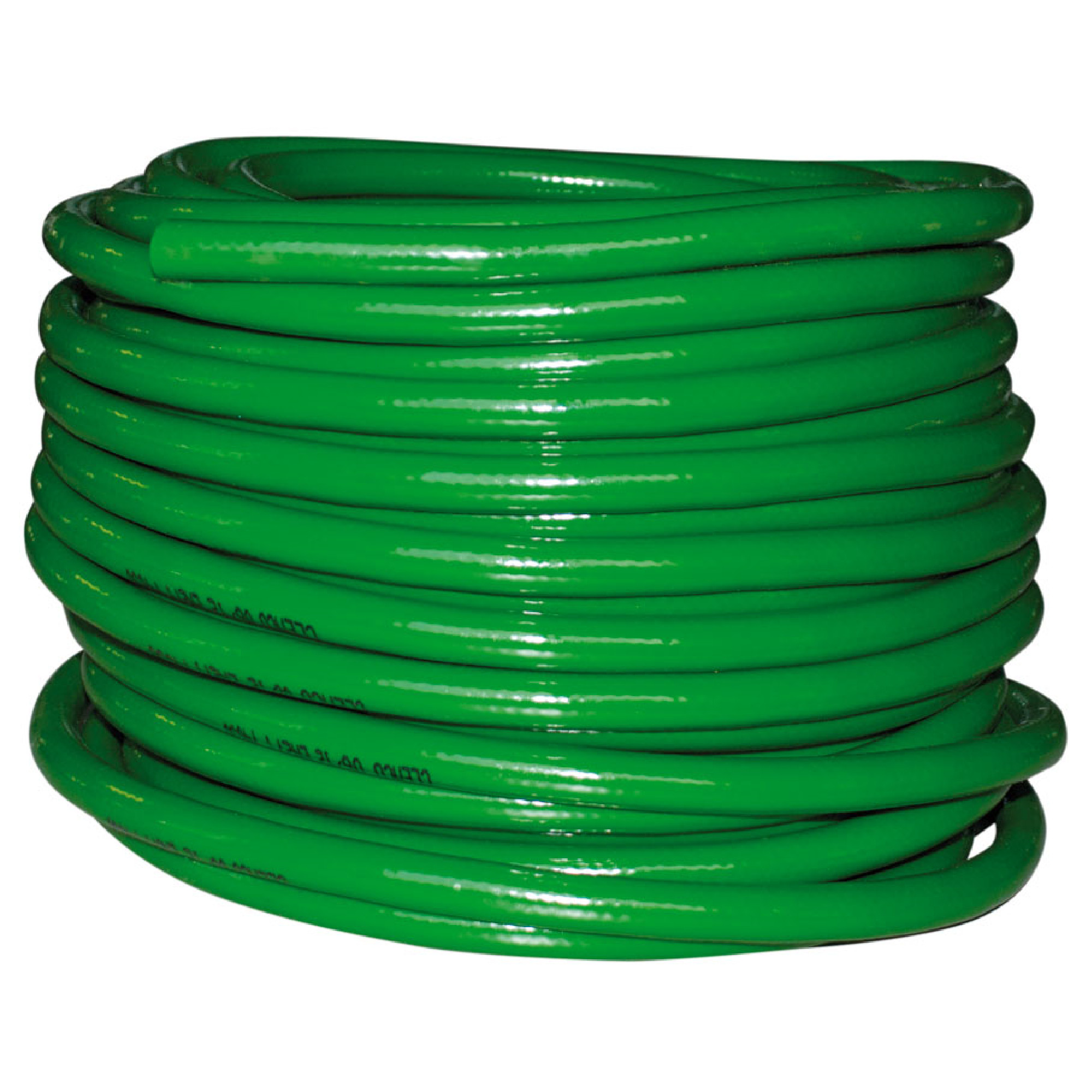 Ein Rollenstück grüne Schlauchleitung, ordentlich aufgerollt. Der Schlauch hat eine glatte Oberfläche und ist kreisförmig angeordnet. Ideal für Geräte im Garten oder im Haushalt, um Wasser zu transportieren.