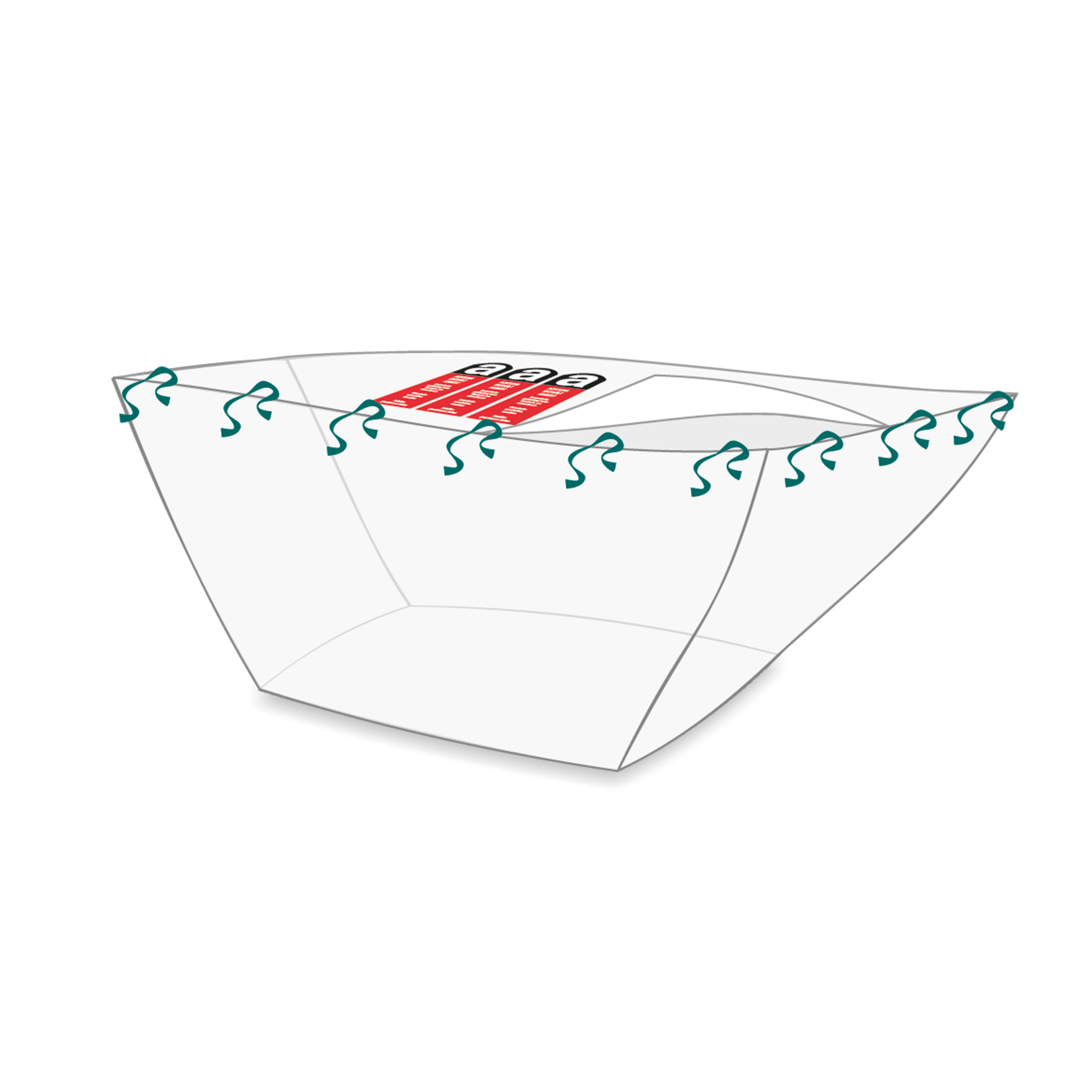 Illustration eines Asbest-Containersacks mit grünen Befestigungshaken und rotem Asbestwarnetikett