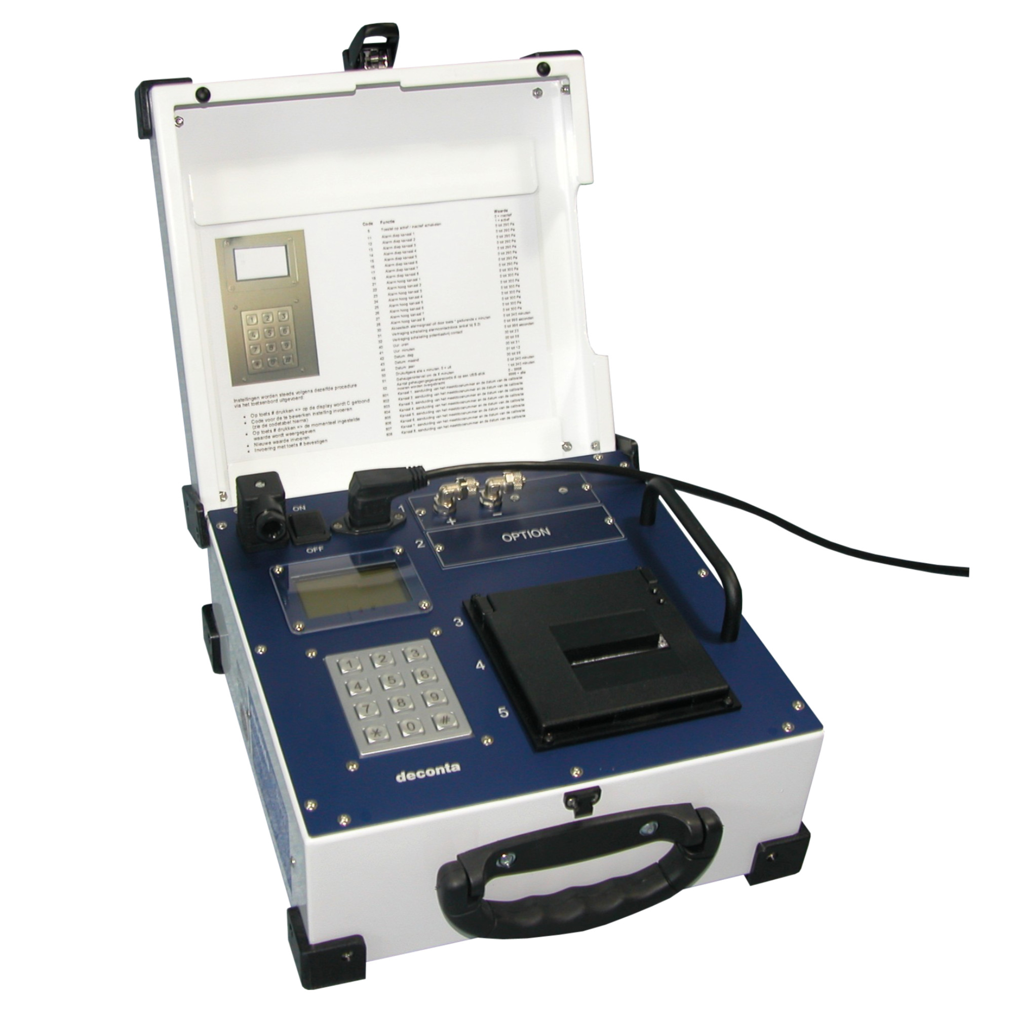 Deconta Messgerät im Koffer, geöffnet, mit Tastatur, Display und Drucker