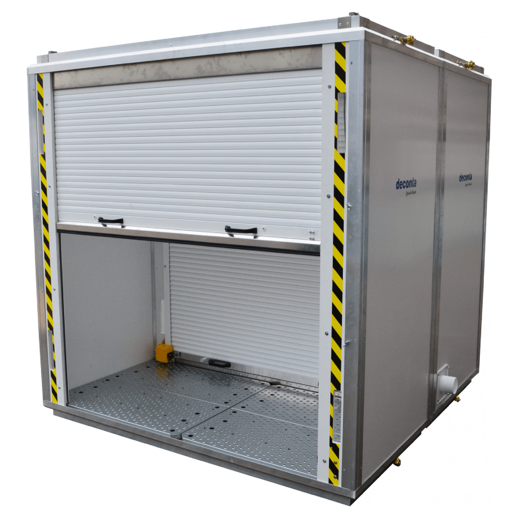 Materialschleuse „deconia Quick-Desk“ aus Edelstahl mit Rolltor, Warnmarkierungen und Lochblechboden