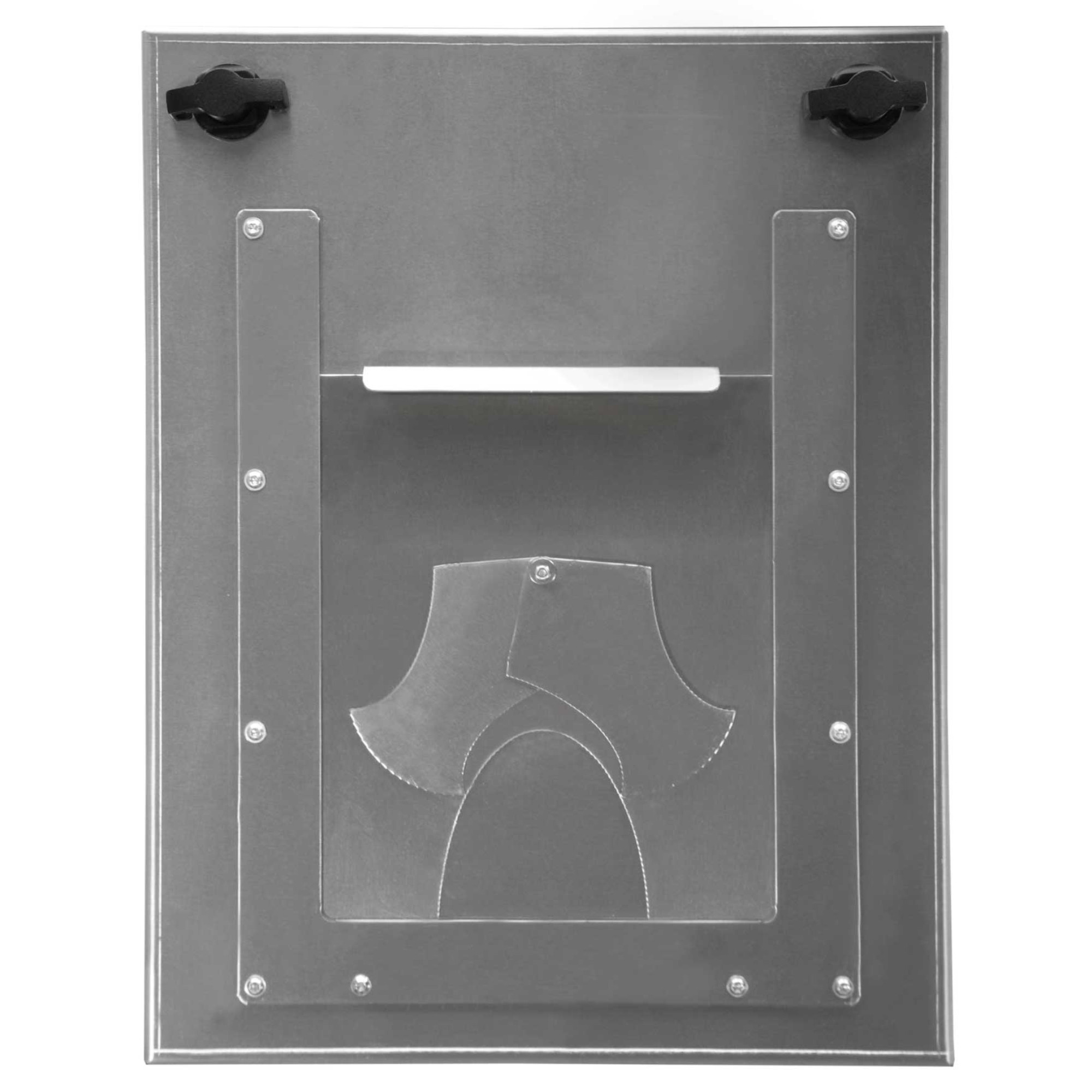 Ein rechteckiges, graues Metallgerät mit einer oberen Halterung und einem durchsichtigen, geschwungenen Fach darunter. Das Gerät hat zwei schwarze Riegel an der oberen Seite. Die Verarbeitung ist schlicht und funktional, geeignet für die Aufbewahrung oder Präsentation von Gegenständen.