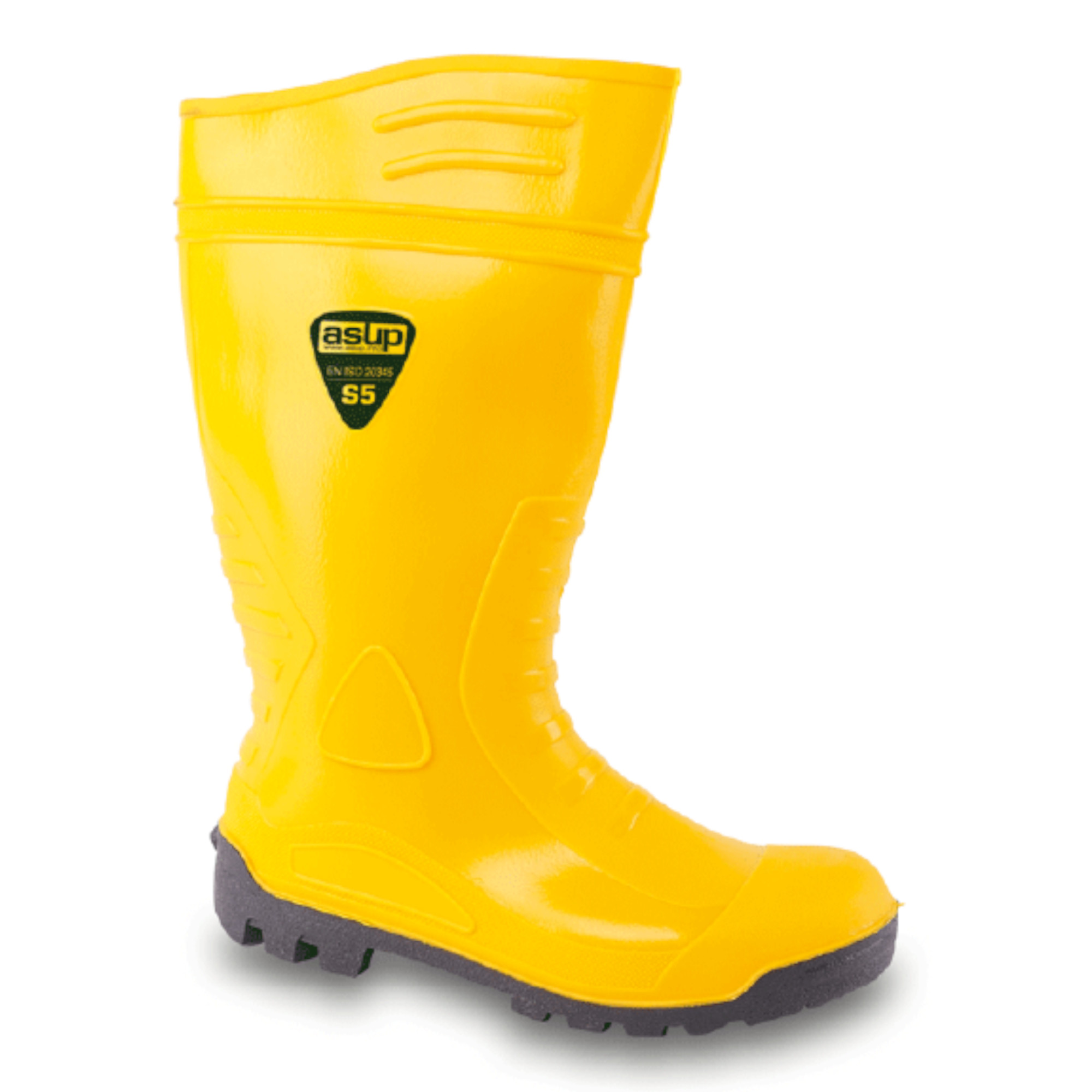 Gelbe Gummistiefel mit Profilsohle und verstärkter Spitze