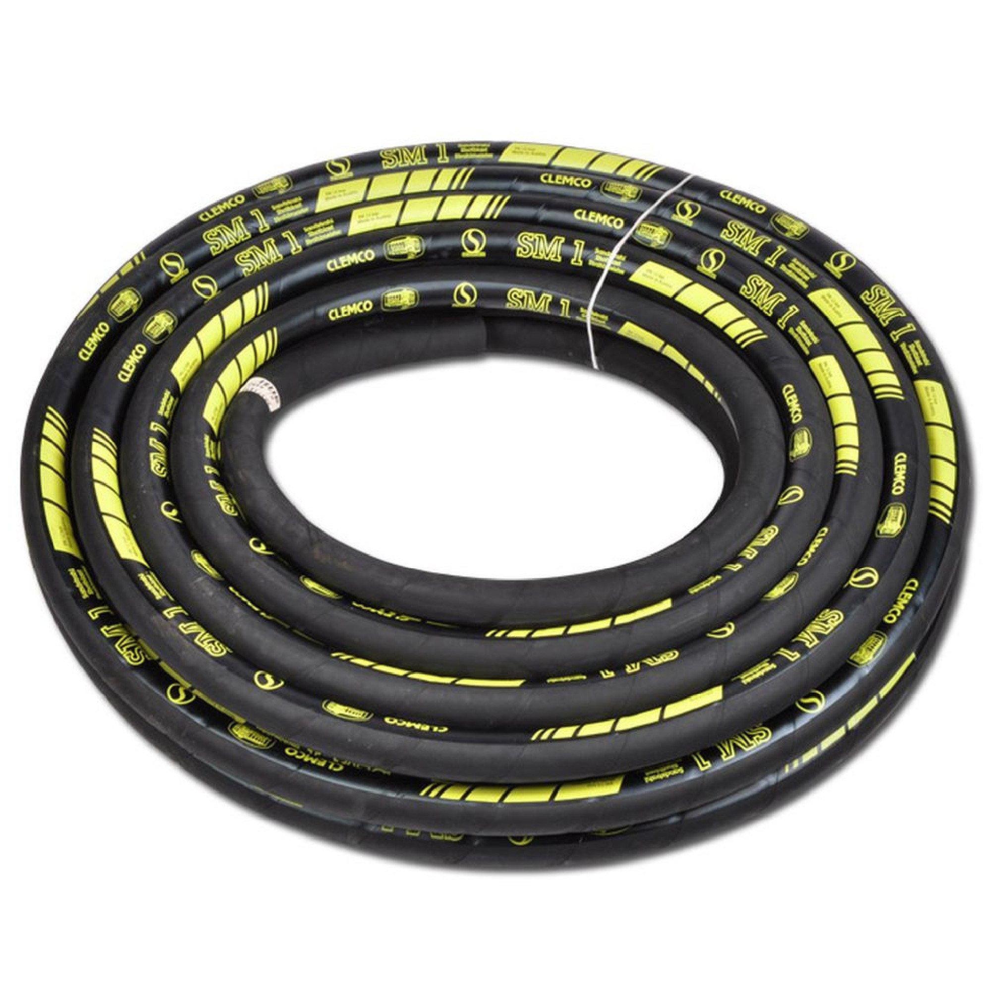 Ein Bündel von Gummi-Schläuchen in Schwarz mit gelben Markierungen und Beschriftungen. Die Schläuche sind spiralförmig aufgerollt und scheinen robust zu sein, möglicherweise für industrielle Anwendungen gedacht.