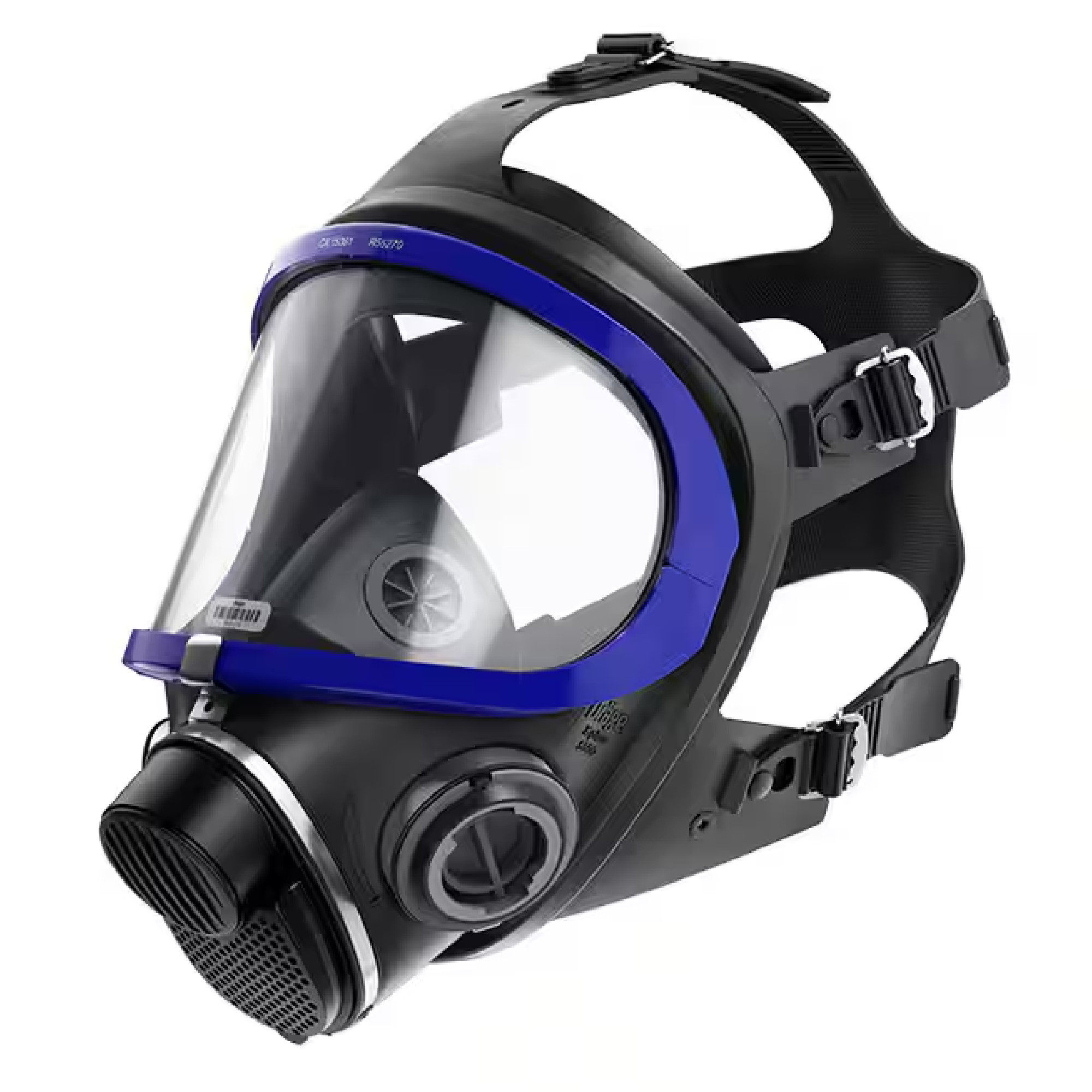 Eine schwarze Atemschutzmaske mit einem breiten transparenten Visier und grauen sowie blauen Akzenten. Sie hat Befestigungsriemen an den Seiten und eine Filteröffnung an der Vorderseite, die Schutz vor schädlichen Substanzen bietet.