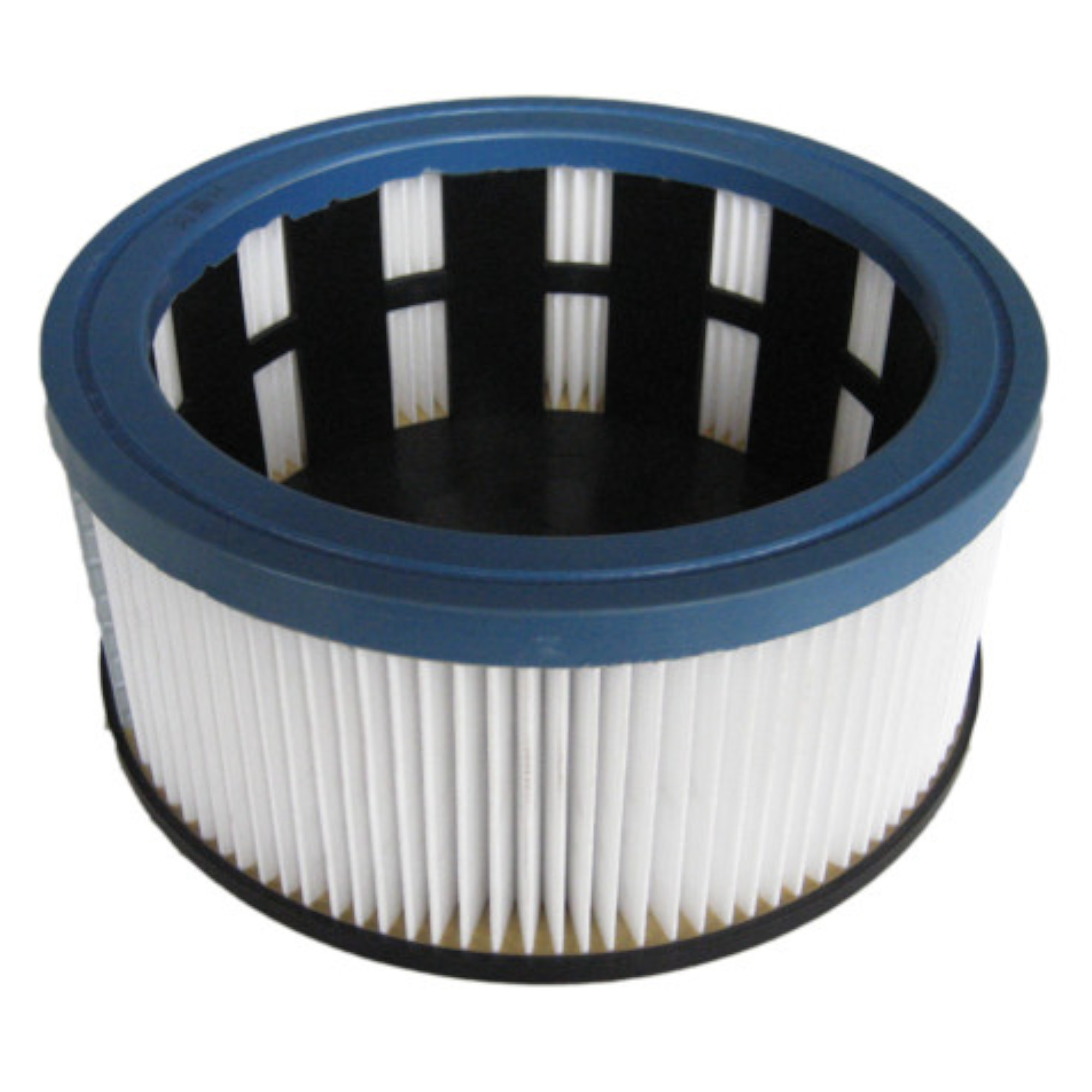 Ein runder Luftfilter mit einem blauen oberen Rand und weißen, gefalteten Filterelementen. Der Filter hat eine schwarze Basis und ist für die Reinigung von Luft in Geräten oder Fahrzeugen konzipiert. Die Struktur ermöglicht eine effiziente Luftzirkulation und Filtration.