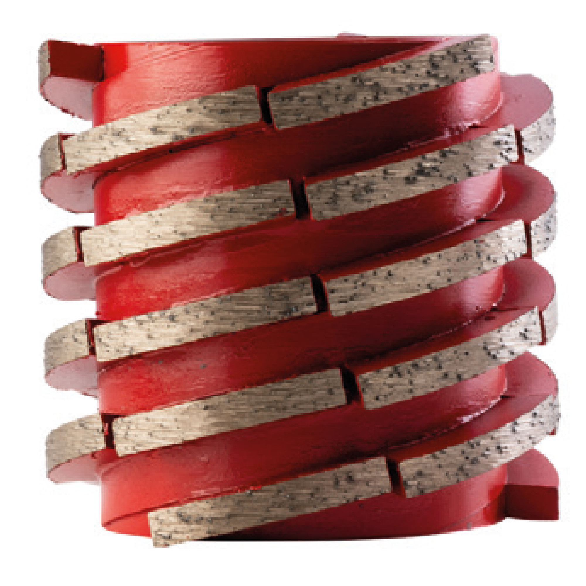 Ein rot lackierter Fräser mit spiralförmigen Schneideklingen, die aus einem metallischen Material bestehen. Die Klingen sind an den Seiten sichtbar und haben eine strukturierte Oberfläche. Der Fräser hat eine zylindrische Form und ist von oben sichtbar.