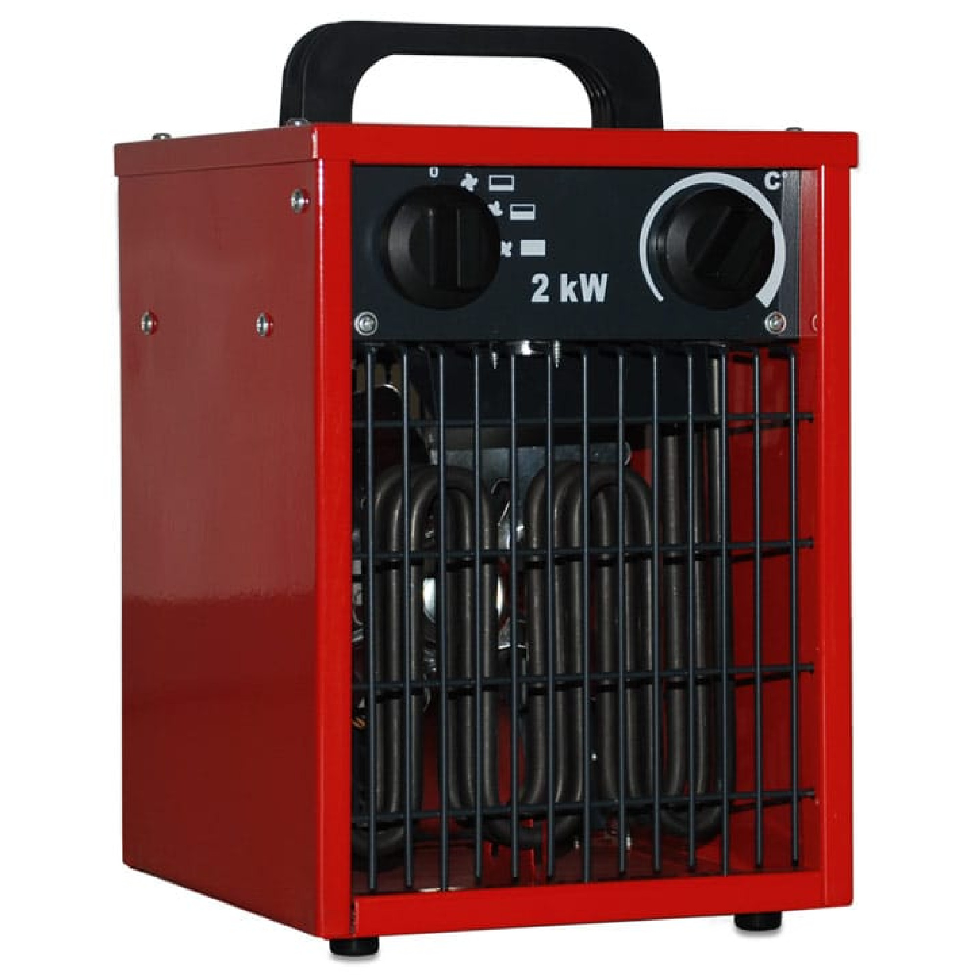 Ein roter Heizgerät mit einem Griff oben. Auf der Vorderseite befindet sich ein schwarzes Bedienfeld mit zwei Reglern und der Aufschrift „2 kW“. Das Gerät hat ein Gitterdesign, das die Heizspiralen sichtbar macht. Es dient zur Raumheizung.