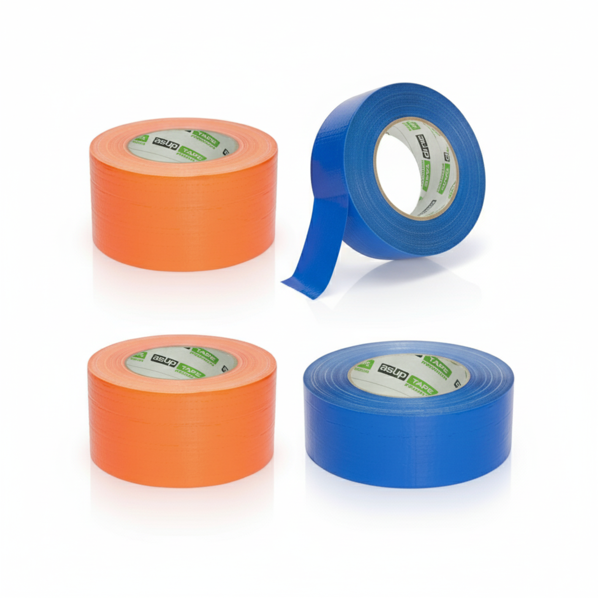 Vier Rollen Klebeband in einem 2x2 Raster auf weißem Hintergrund. Die obere und untere Reihe zeigt eine Rolle in Orange und eine in Blau. Alle Rollen haben das gleiche ASUP TAPE-Etikett in der Mitte.