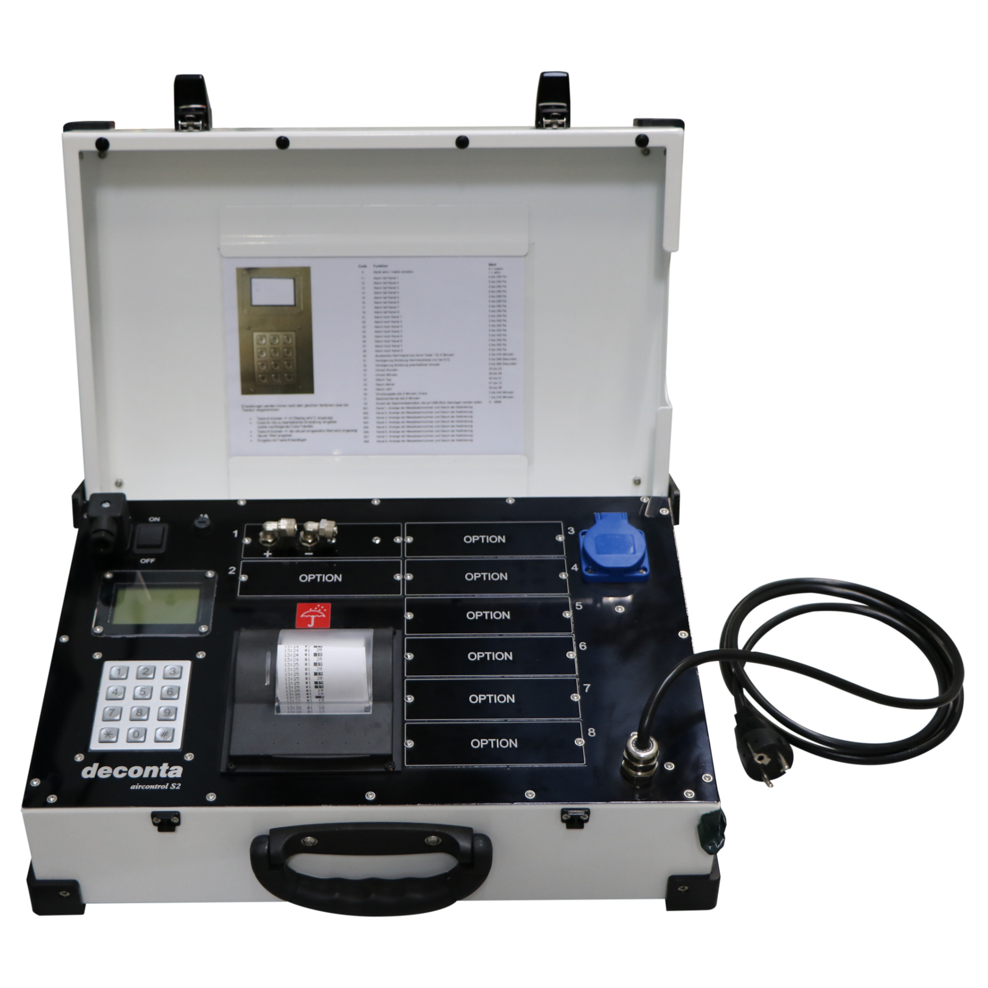 Deconta Aircontrol S2 Steuergerät-Koffer, geöffnet, mit Display, Tastatur und Drucker