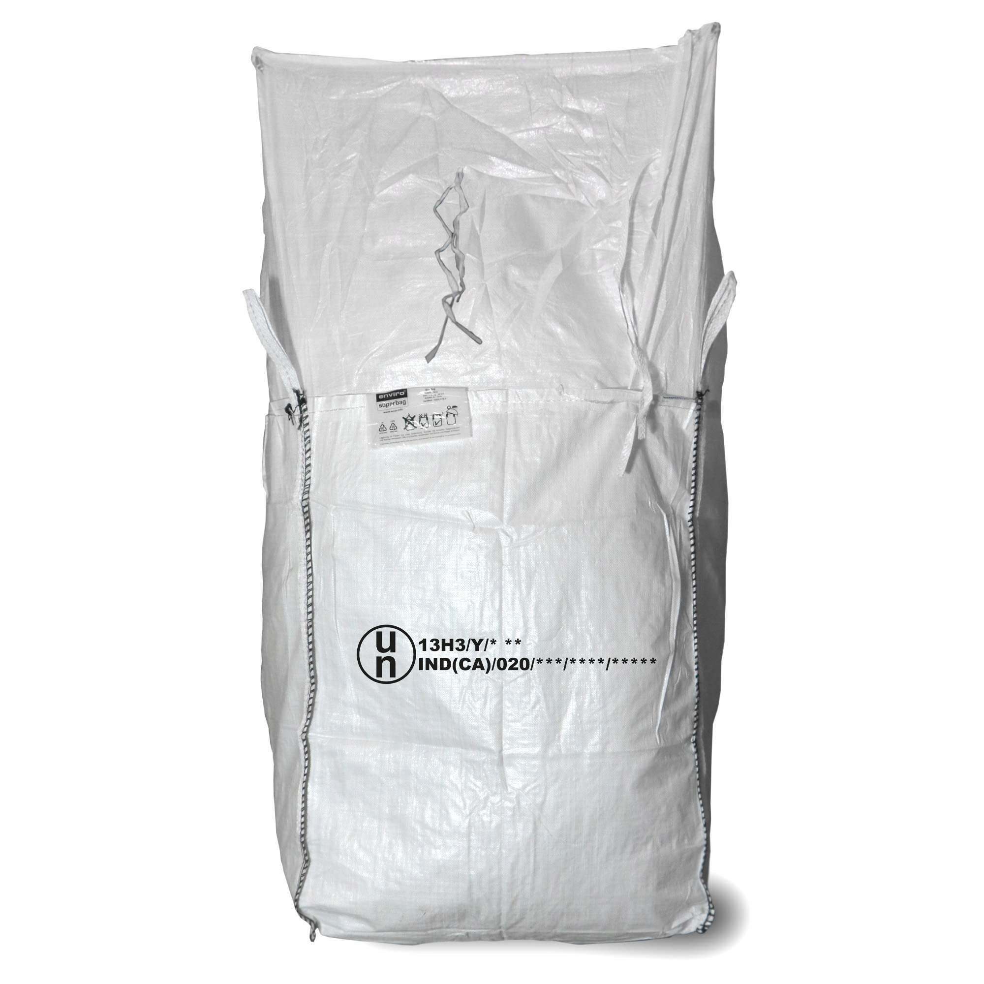 Ein ASUP UN-Big Bag für Gefahrgut, der aus unbeschichtetem, UV-stabilisiertem Polypropylen-Gewebe hergestellt ist. Der Big Bag verfügt über eine Einfüllschürze zum Zubinden und einen geschlossenen Boden. Er hat die UN-Gefahrgut-Zulassung 13H3Y für Verpackungsgruppe II und ist mit vier Hebeschlaufen ausgestattet.