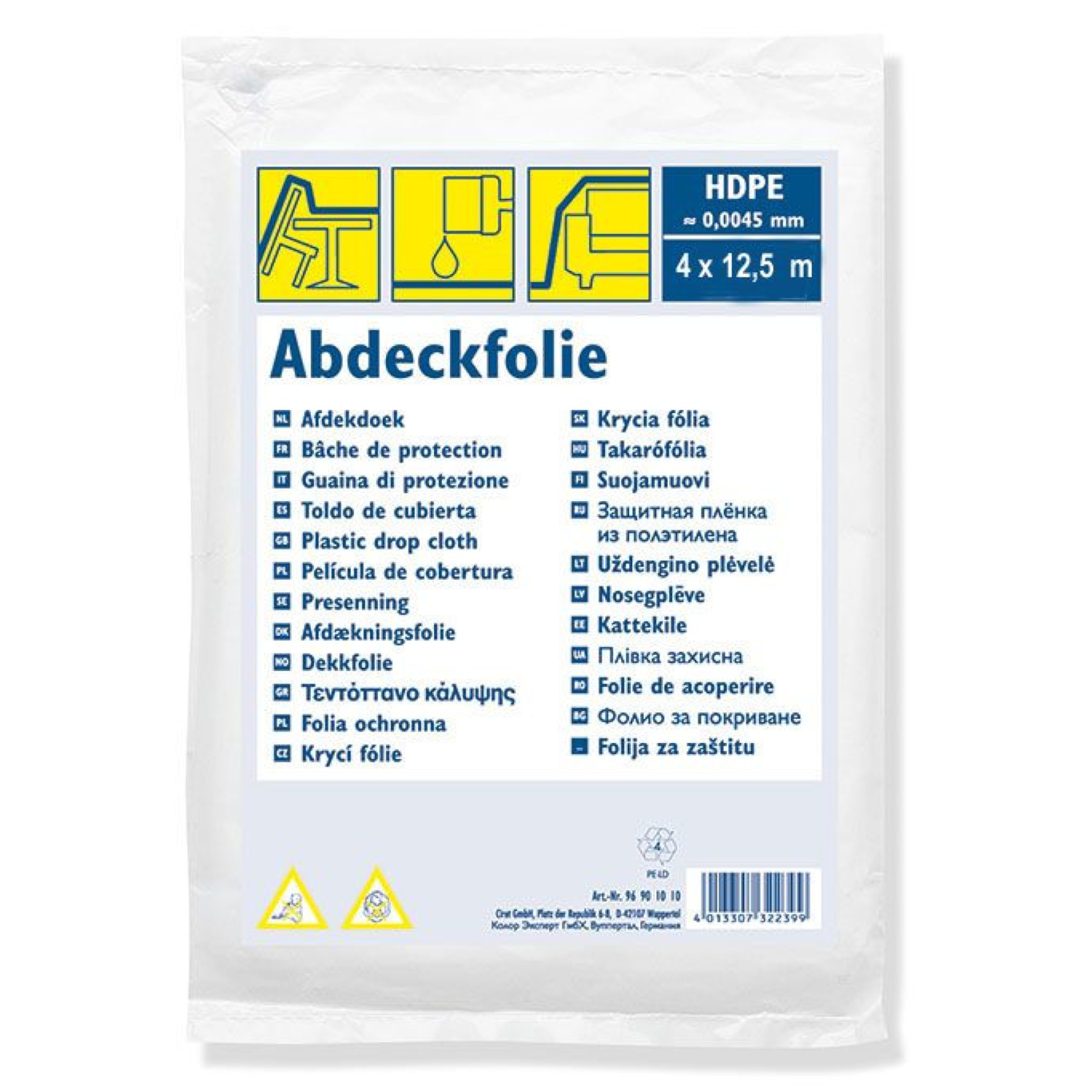 Die Abdeckfolie wird in einer durchsichtigen Verpackung angezeigt. Auf der Vorderseite sind verschiedene Begriffe in mehreren Sprachen aufgelistet, die das Produkt beschreiben. Die Folie ist 4 x 12,5 Meter groß und schützt Oberflächen vor Farbe und Schmutz.