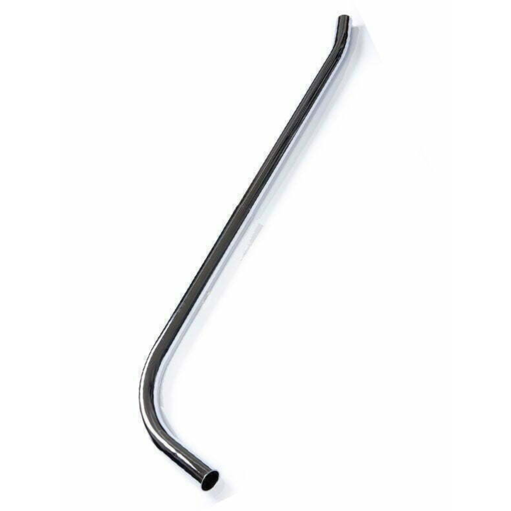 Ein gebogener Metallstab aus verchromtem Material, der an einem Ende einen runden Öffnung hat. Der Stab ist lang und leicht gebogen, wobei die Biegung in der oberen Hälfte verläuft. Der Hintergrund ist einfarbig weiß.