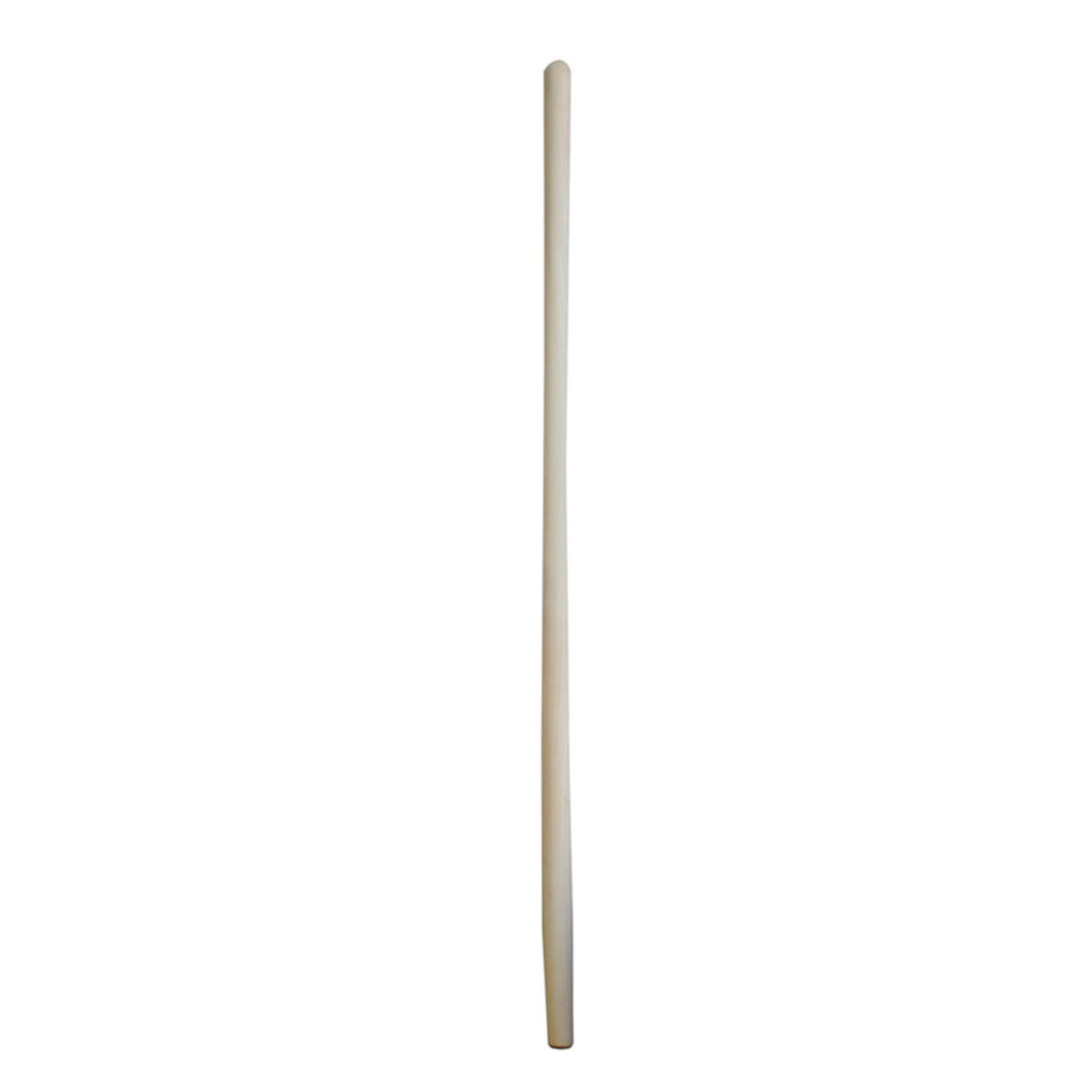 Ein gerader, schlanker Holzstab steht senkrecht auf einem weißen Hintergrund. Der Stab hat eine glatte Oberfläche und ist gleichmäßig in der Dicke.
