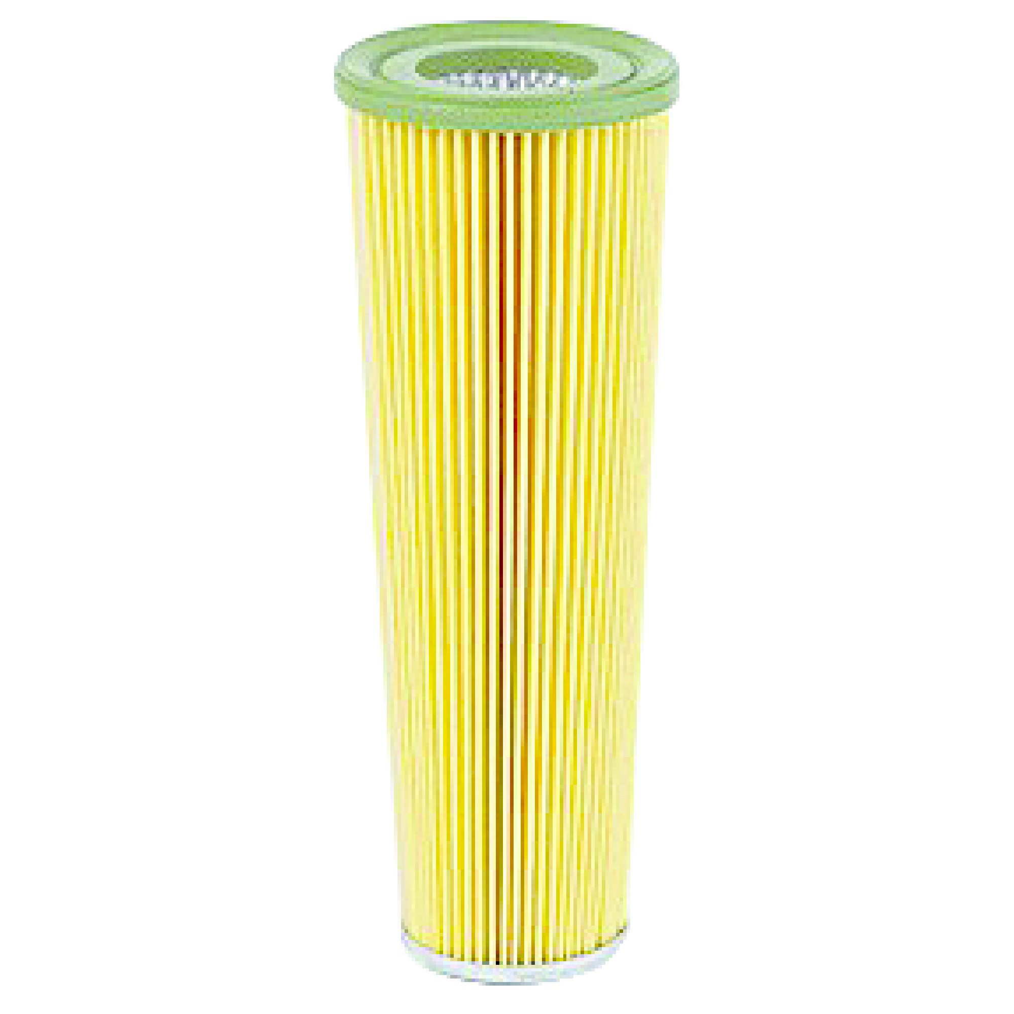 Ein zylindrischer Luftfilter mit einem gelben Papiermaterial, das in senkrechten Falten angeordnet ist. Der obere Bereich ist mit einem grünen Kunststoffrahmen versehen, der unten auf einem weißen Metallring sitzt. Der Filter dient zur Reinigung von Luftströmungen in verschiedenen Anwendungen.