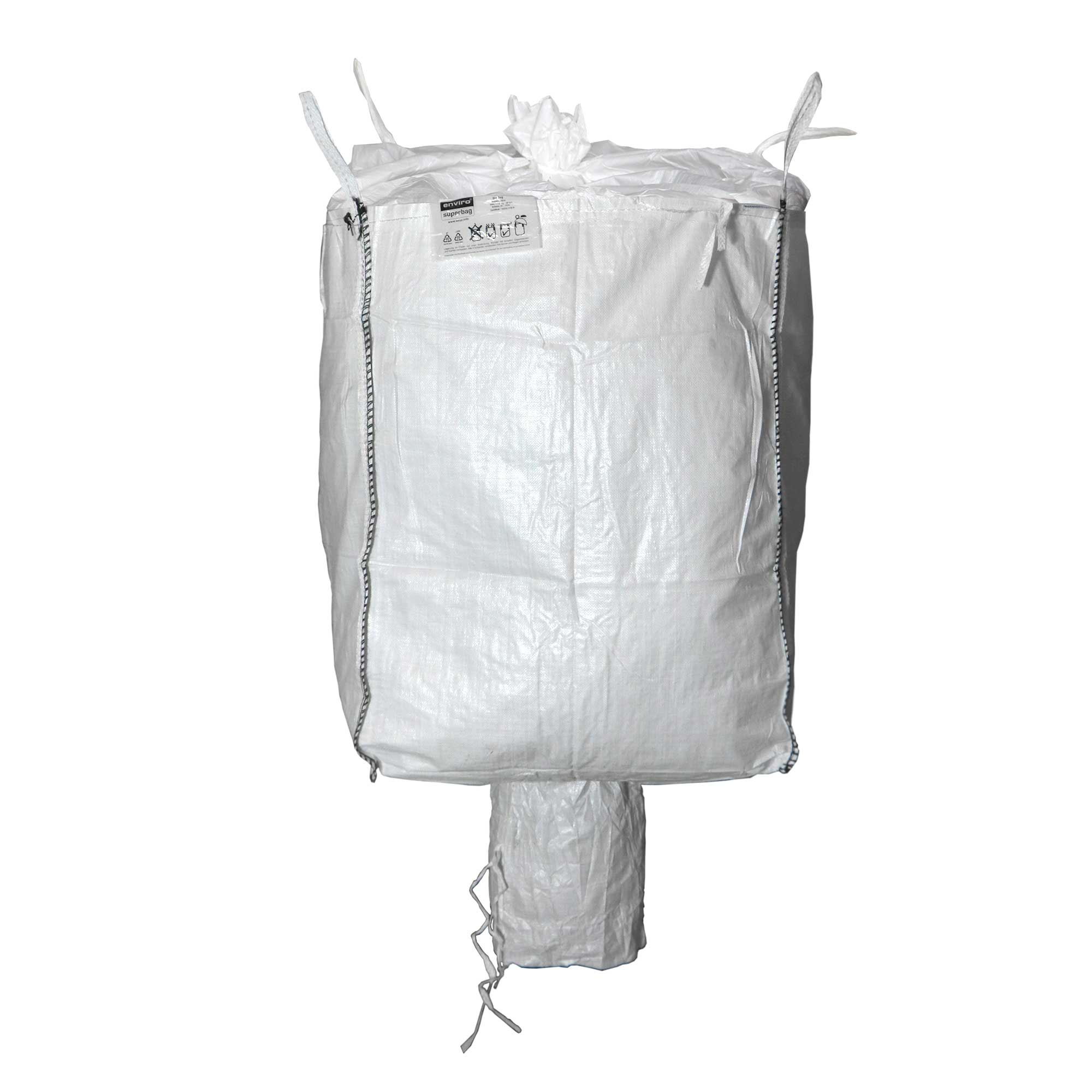 Enviro Superbag Big-Bag aus weißem PP-Gewebe mit vier Trageschlaufen, Einfüllstutzen oben und Auslaufstutzen unten