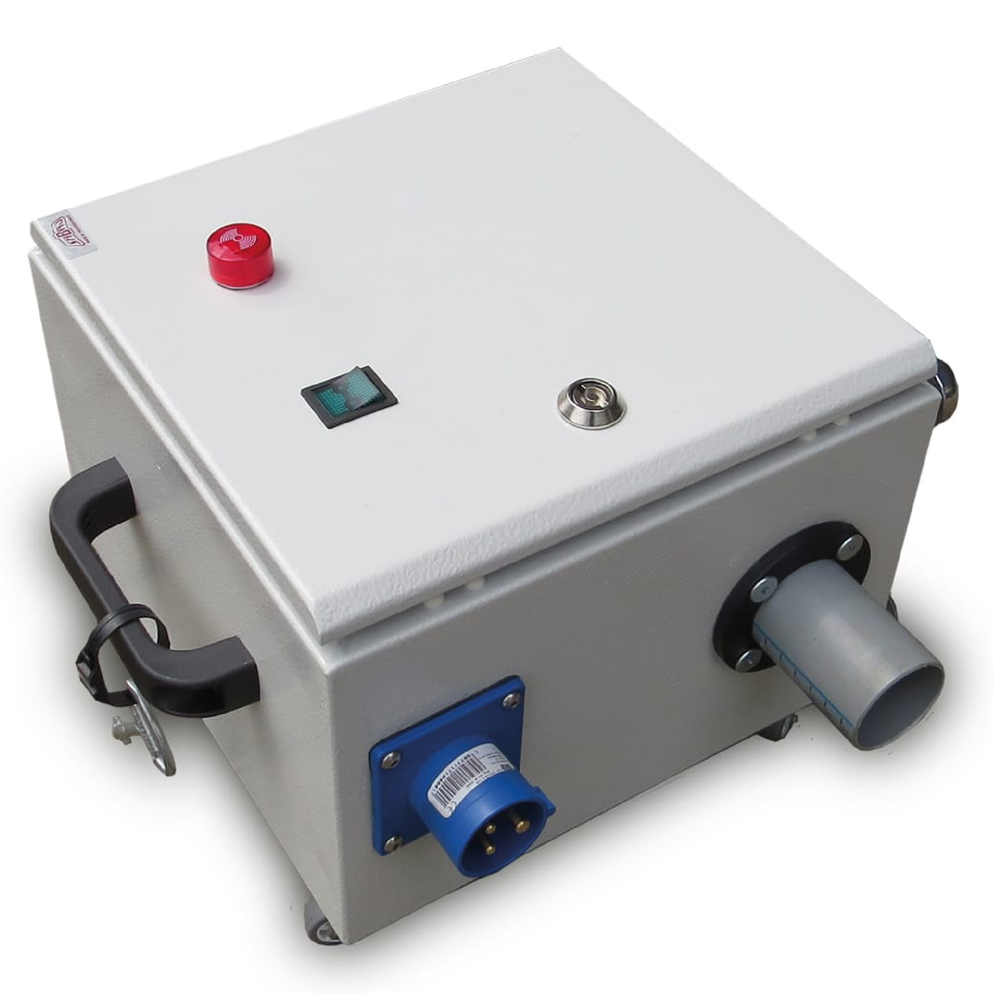 Eine quadratische technische Box in Grau mit einem weißen Deckel. Auf der Oberseite befinden sich ein roter Knopf, ein grüner Lichtschalter und ein Metallverschluss. An der Seite sind eine blaue Steckdose und ein Rohranschluss sichtbar. Die Box hat einen Tragegriff.