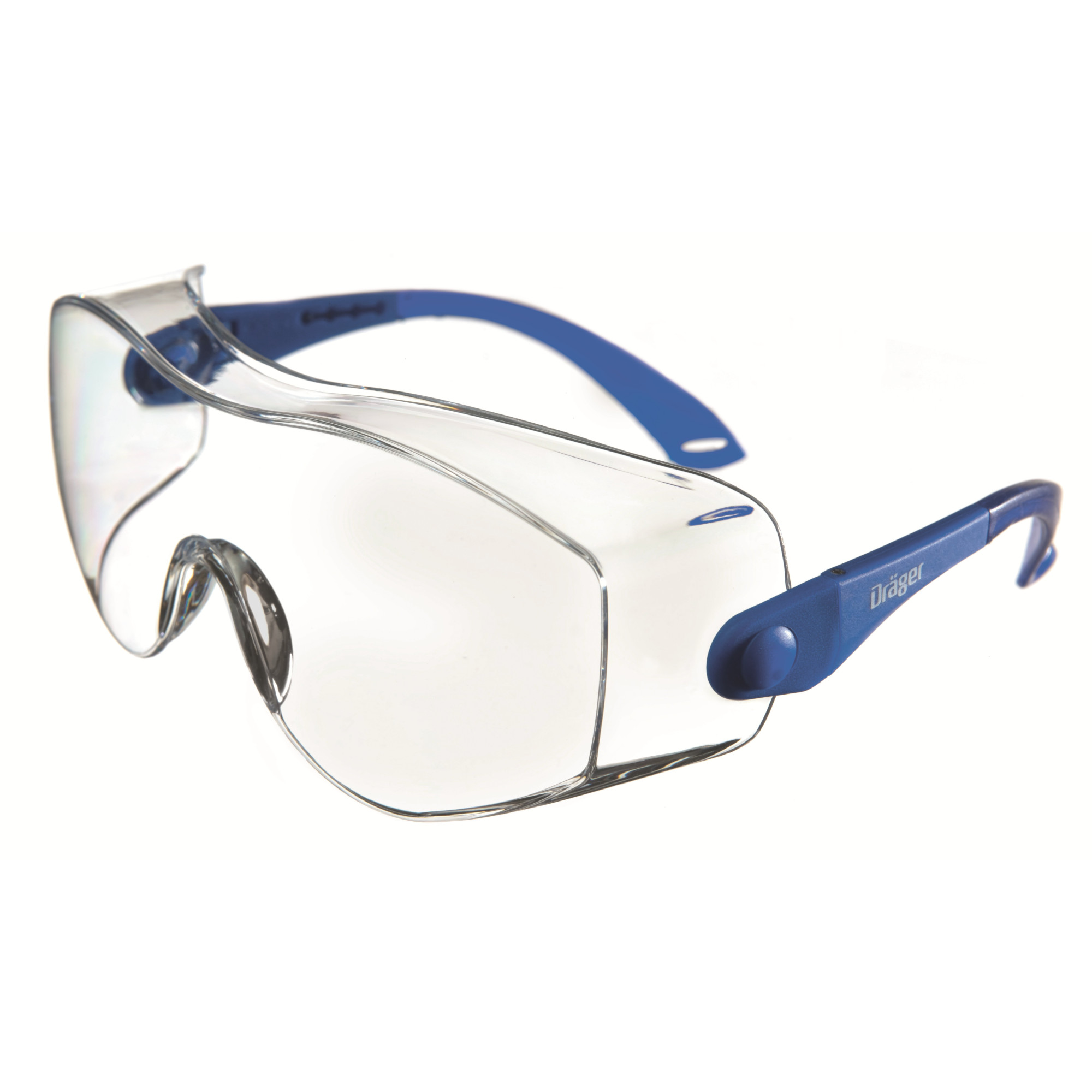 Transparente Schutzbrille mit blauen Bügeln und ergonomischem Design