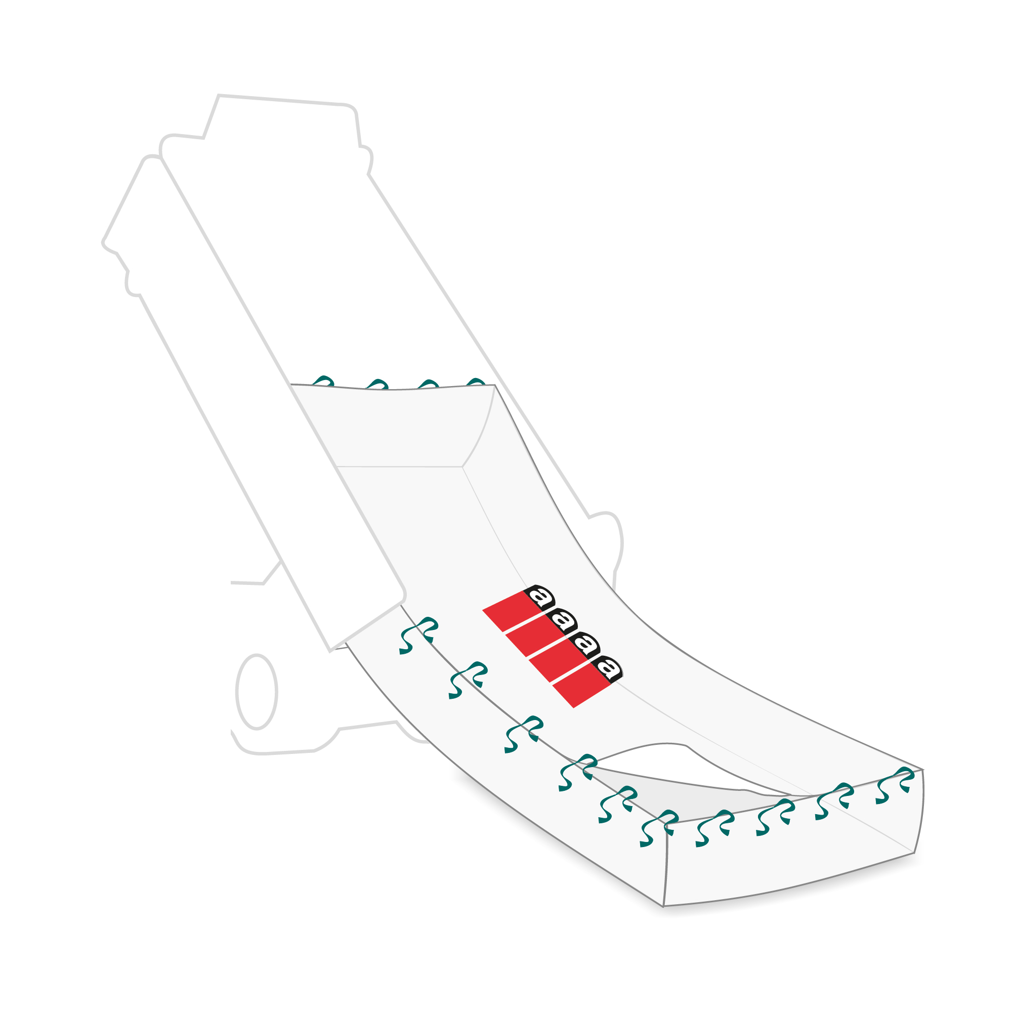 Eine technische Skizze eines schrägen Containerbags mit einem gewellten Verlauf. An der Innenseite des Containerbags sind mehrere Haken angebracht. Der Containerbag ist halboffen. Mittig ist ein Warnhinweis