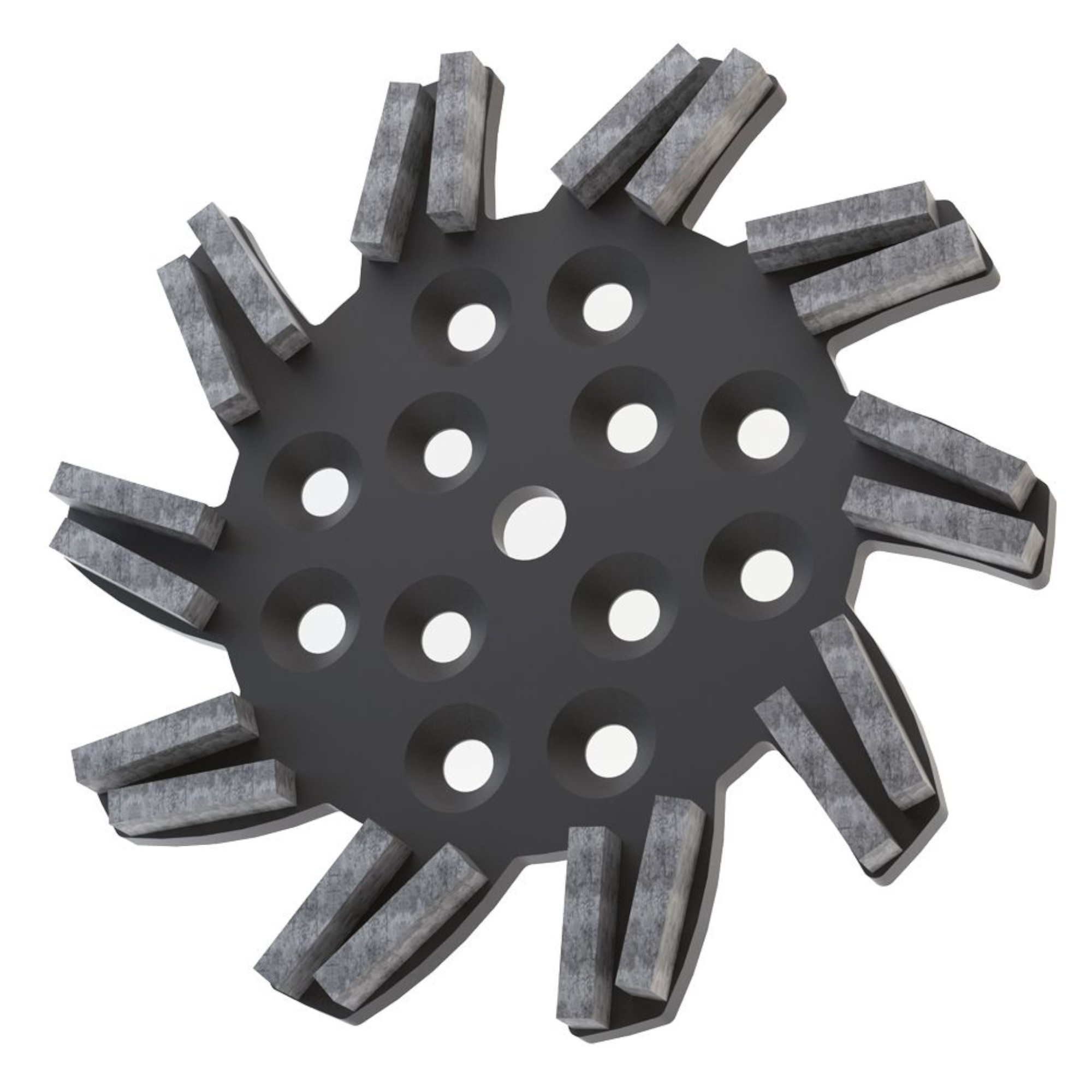 Eine runde, graue Maschine mit vielen sprossenartigen Zähnen und mehreren gleichmäßig verteilten Löchern in der Mitte. Die Zähne sind aus einem anderen Material und ragen nach außen. Diese Struktur könnte in der industriellen Verarbeitung oder als Teil einer Befestigung verwendet werden.