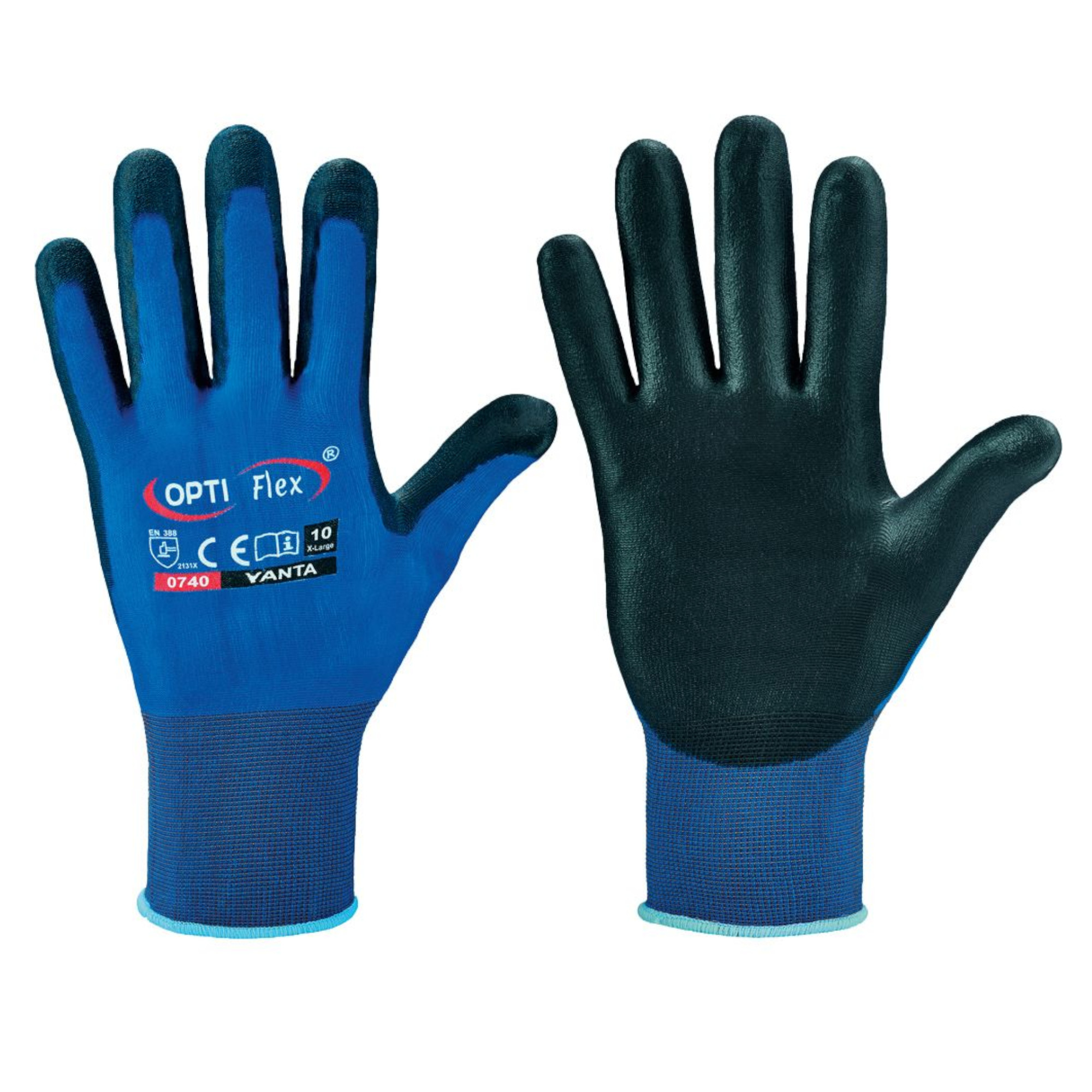 Zwei Arbeitshandschuhe werden gezeigt. Der linke Handschuh ist blau mit einer rutschfesten Oberfläche, während der rechte schwarz ist, ebenfalls mit einer rutschfesten Struktur. Beide Handschuhe sind für optimale Griffigkeit und Schutz konzipiert. Sie sind für verschiedene Arbeitsumgebungen geeignet.