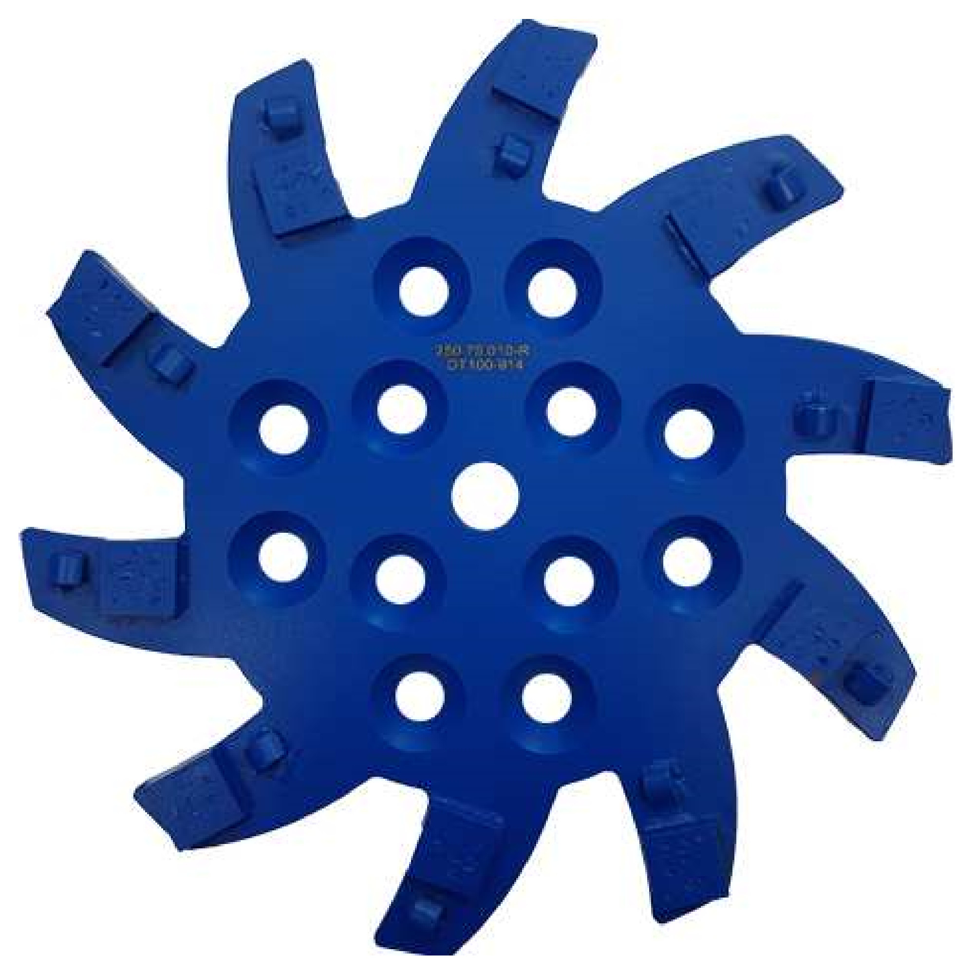 Das Bild zeigt eine blaue Schleifscheibe mit mehreren trapezförmigen Zähnen und Löchern in der Mitte. Die Zähne sind gleichmäßig um die Ränder angeordnet und dienen wahrscheinlich einem Schleif- oder Bearbeitungsprozess.